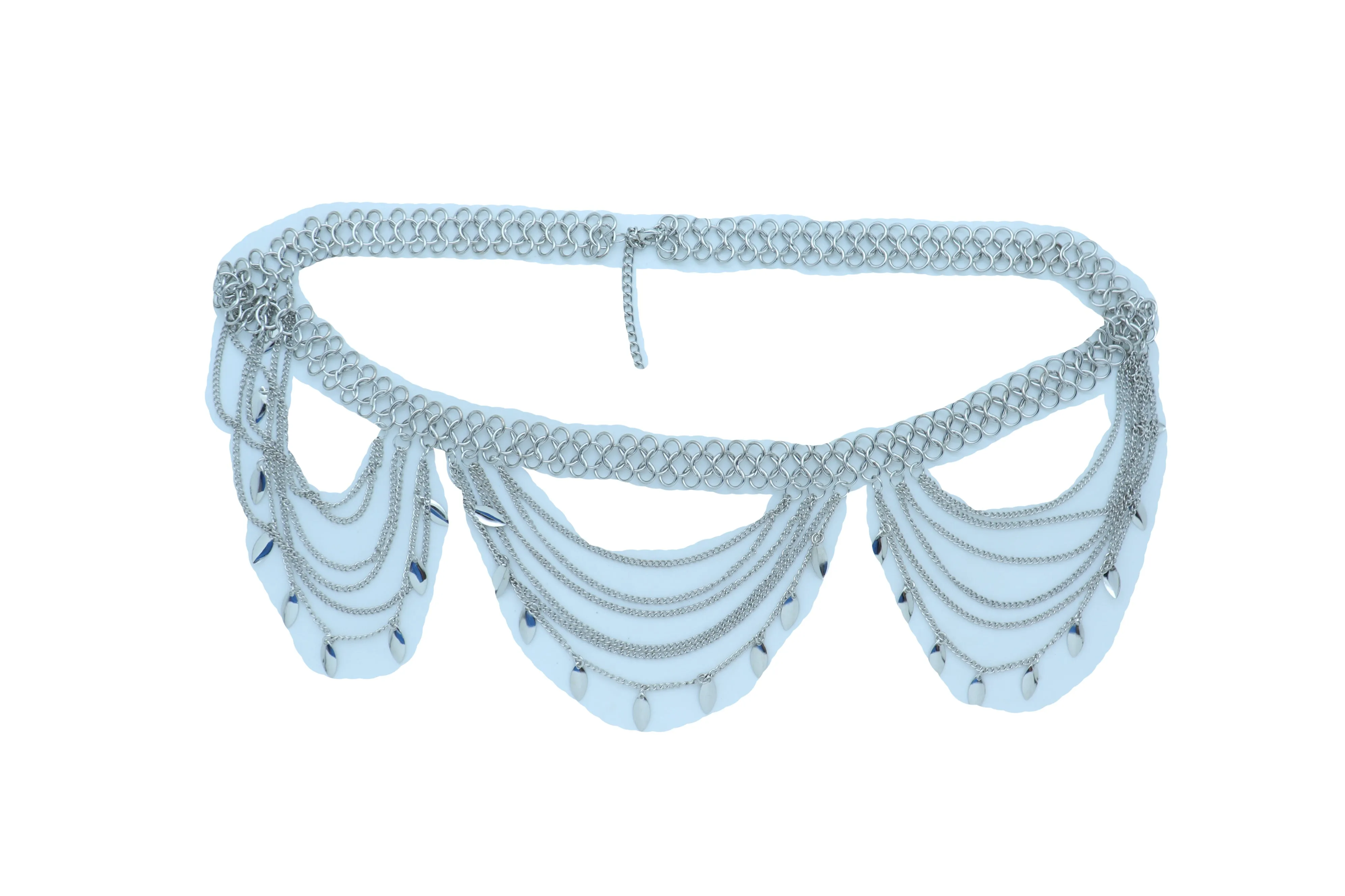 Multi Strand Side Waves Leaf Charms Metal Chain Belt
