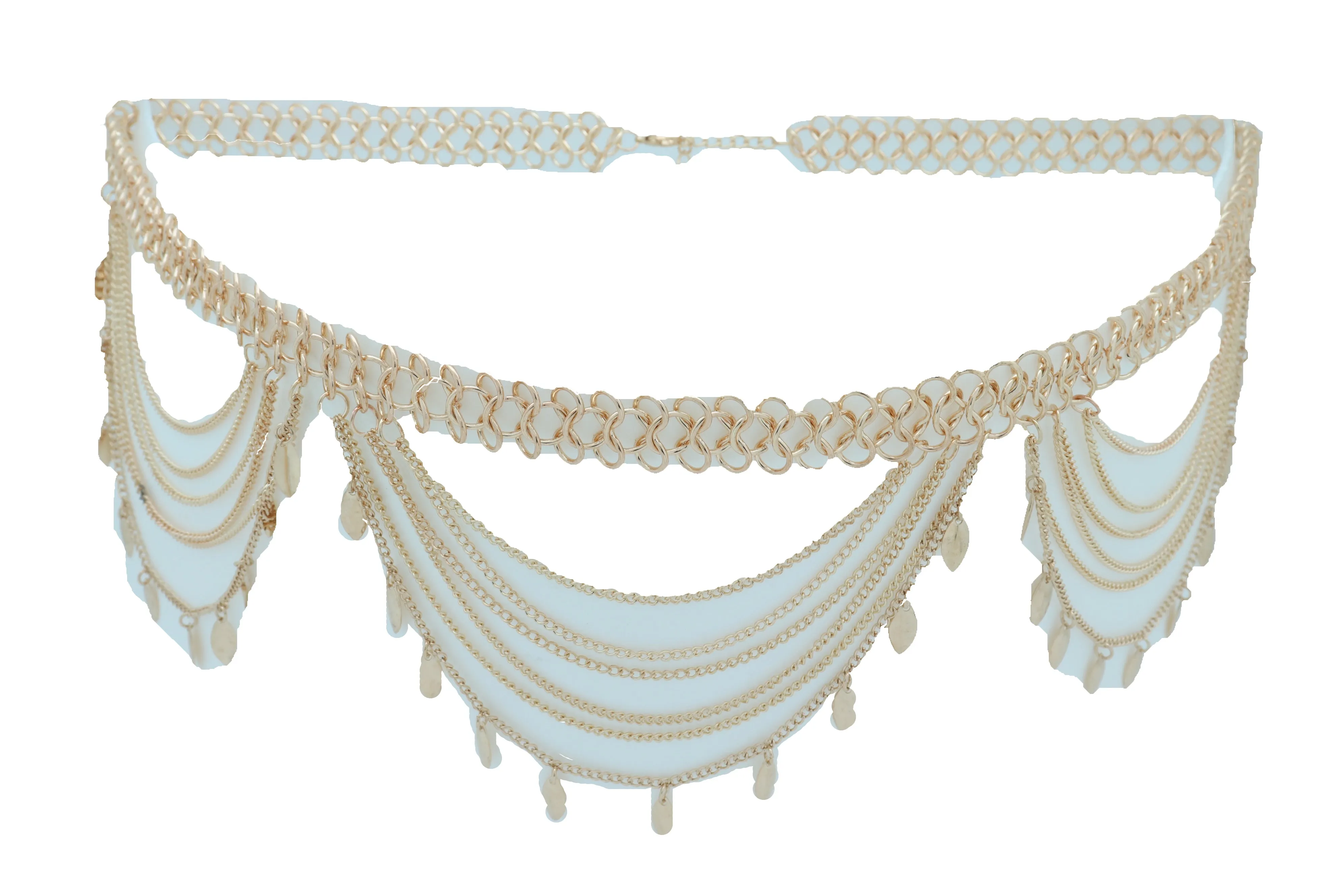 Multi Strand Side Waves Leaf Charms Metal Chain Belt