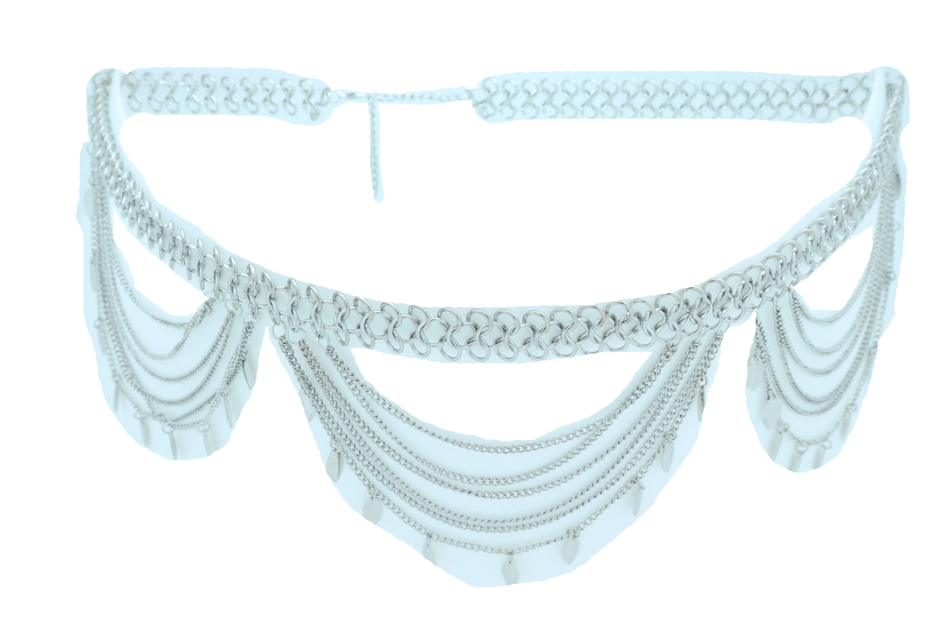 Multi Strand Side Waves Leaf Charms Metal Chain Belt
