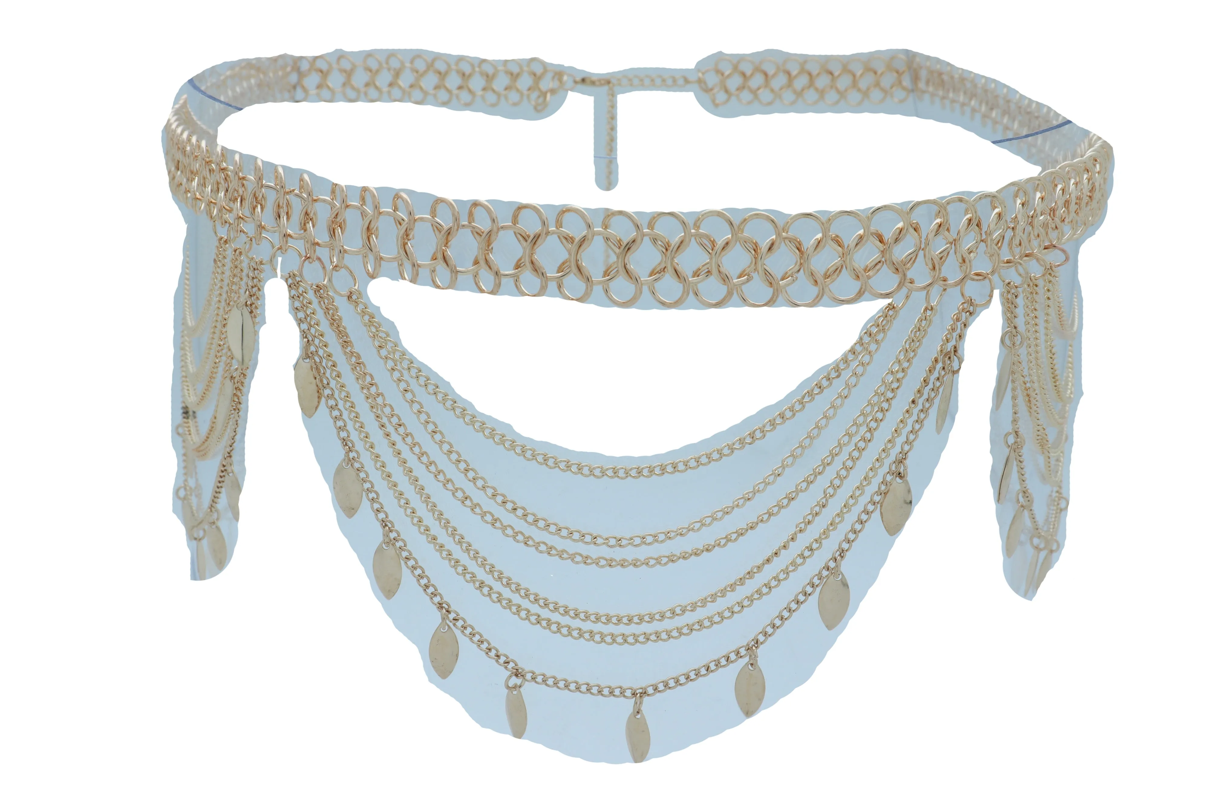 Multi Strand Side Waves Leaf Charms Metal Chain Belt