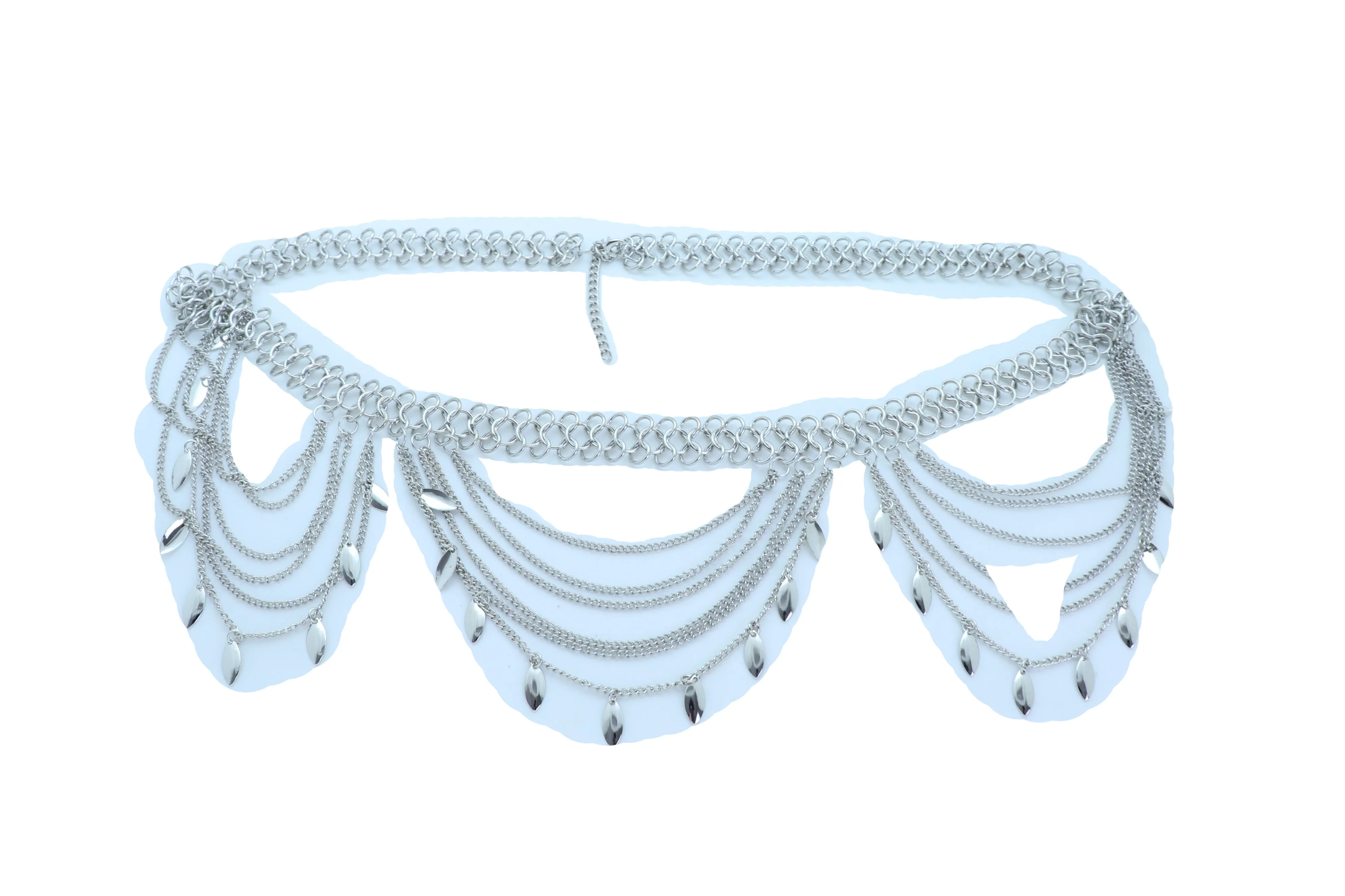 Multi Strand Side Waves Leaf Charms Metal Chain Belt