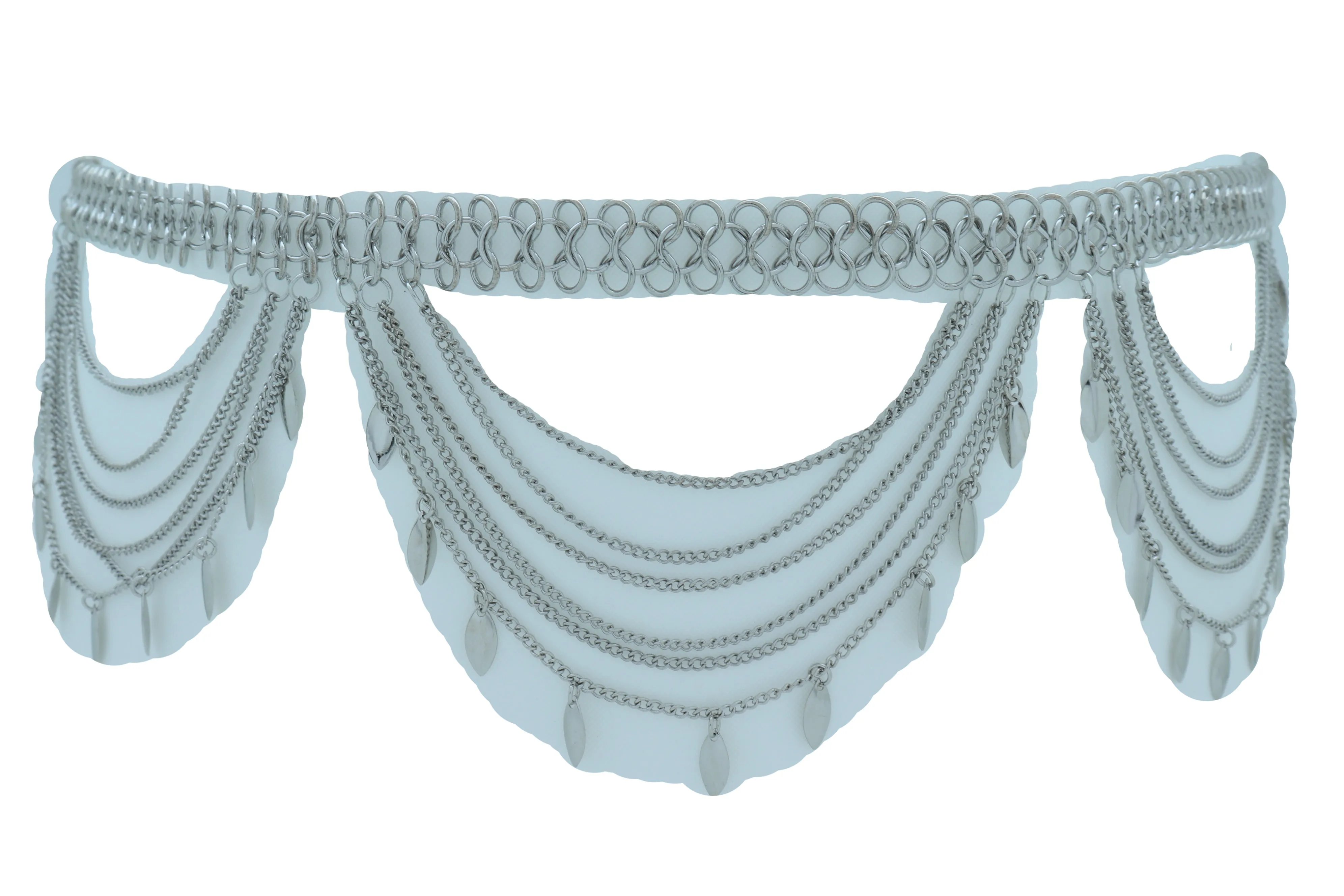 Multi Strand Side Waves Leaf Charms Metal Chain Belt