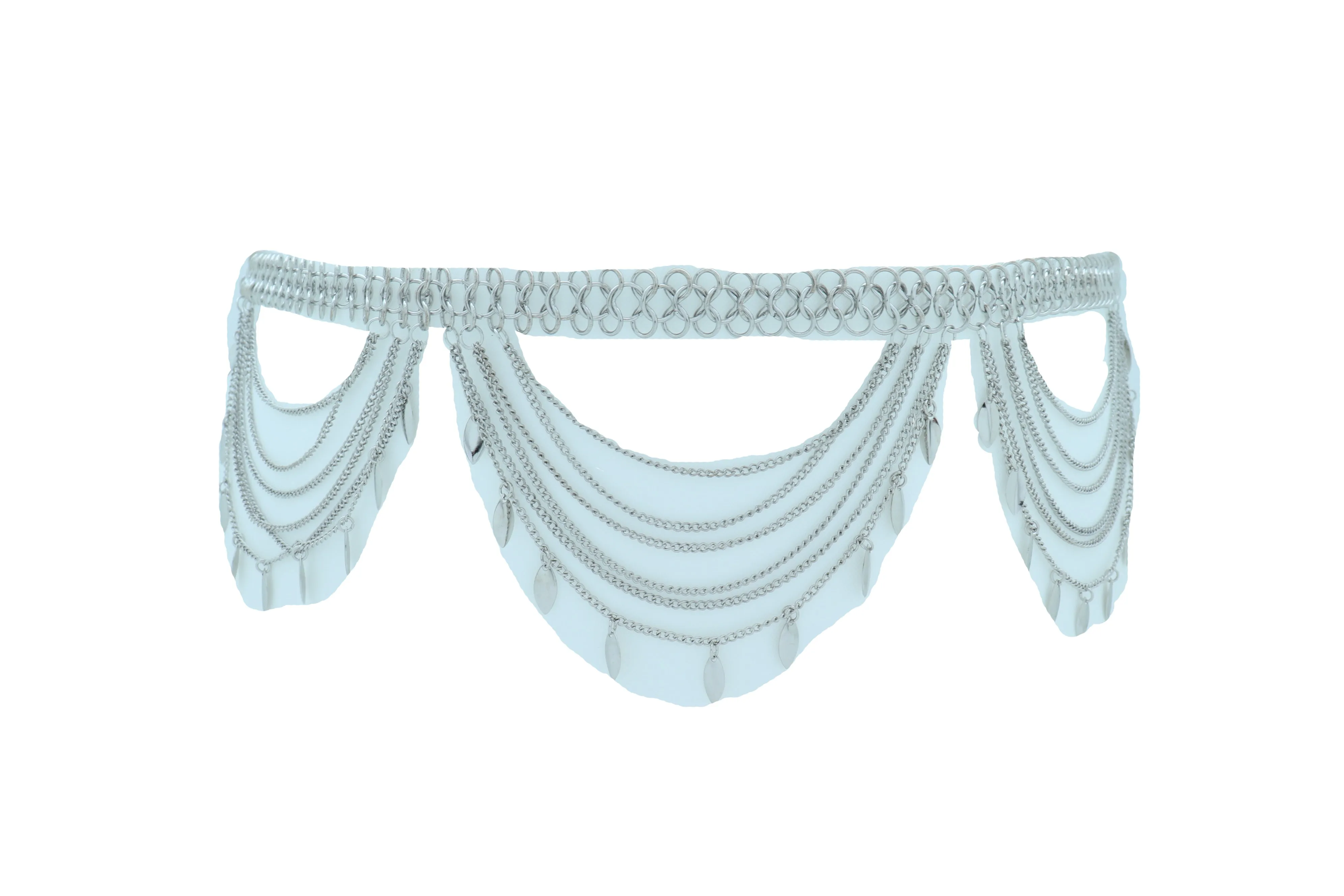 Multi Strand Side Waves Leaf Charms Metal Chain Belt