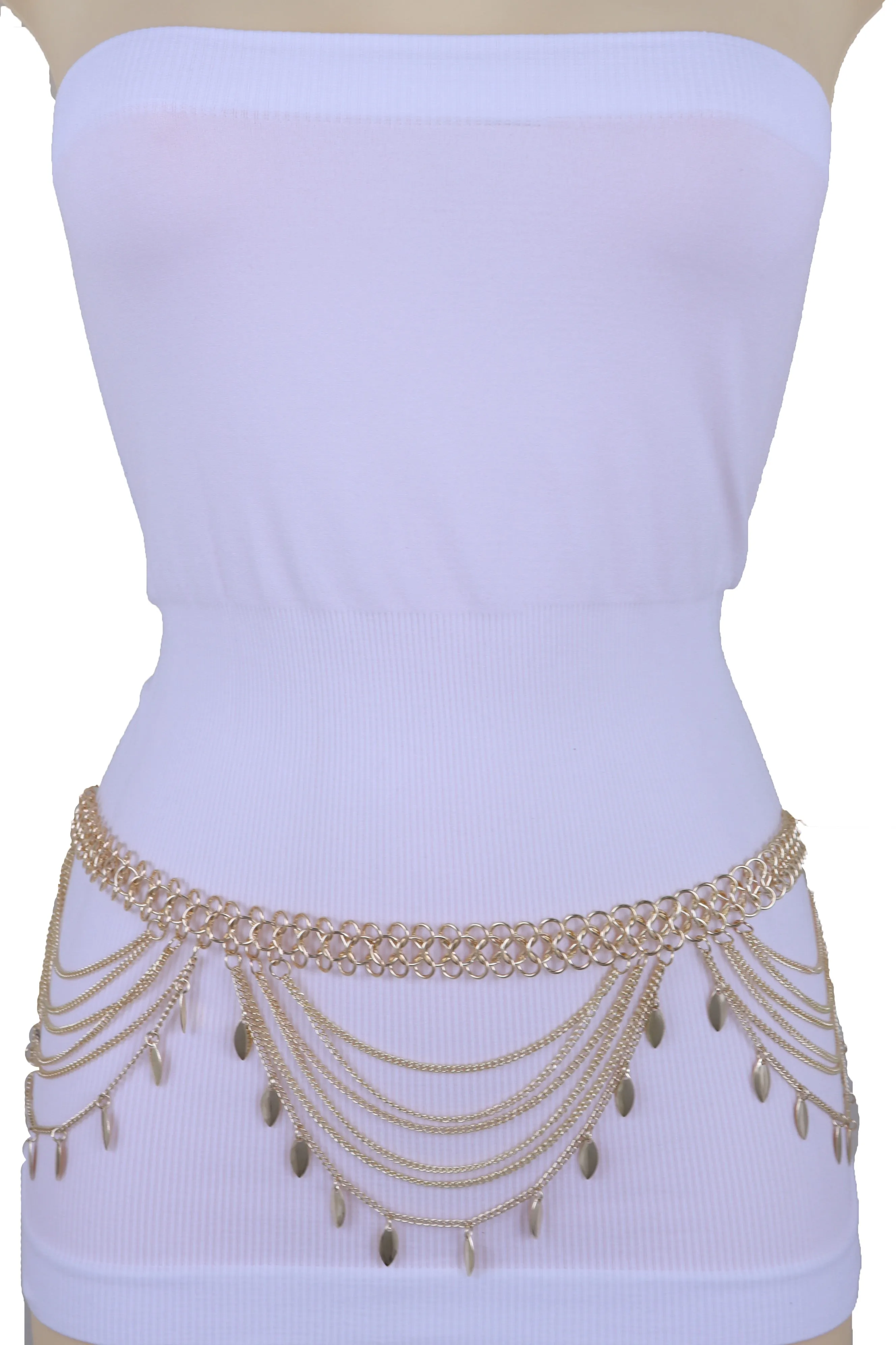 Multi Strand Side Waves Leaf Charms Metal Chain Belt