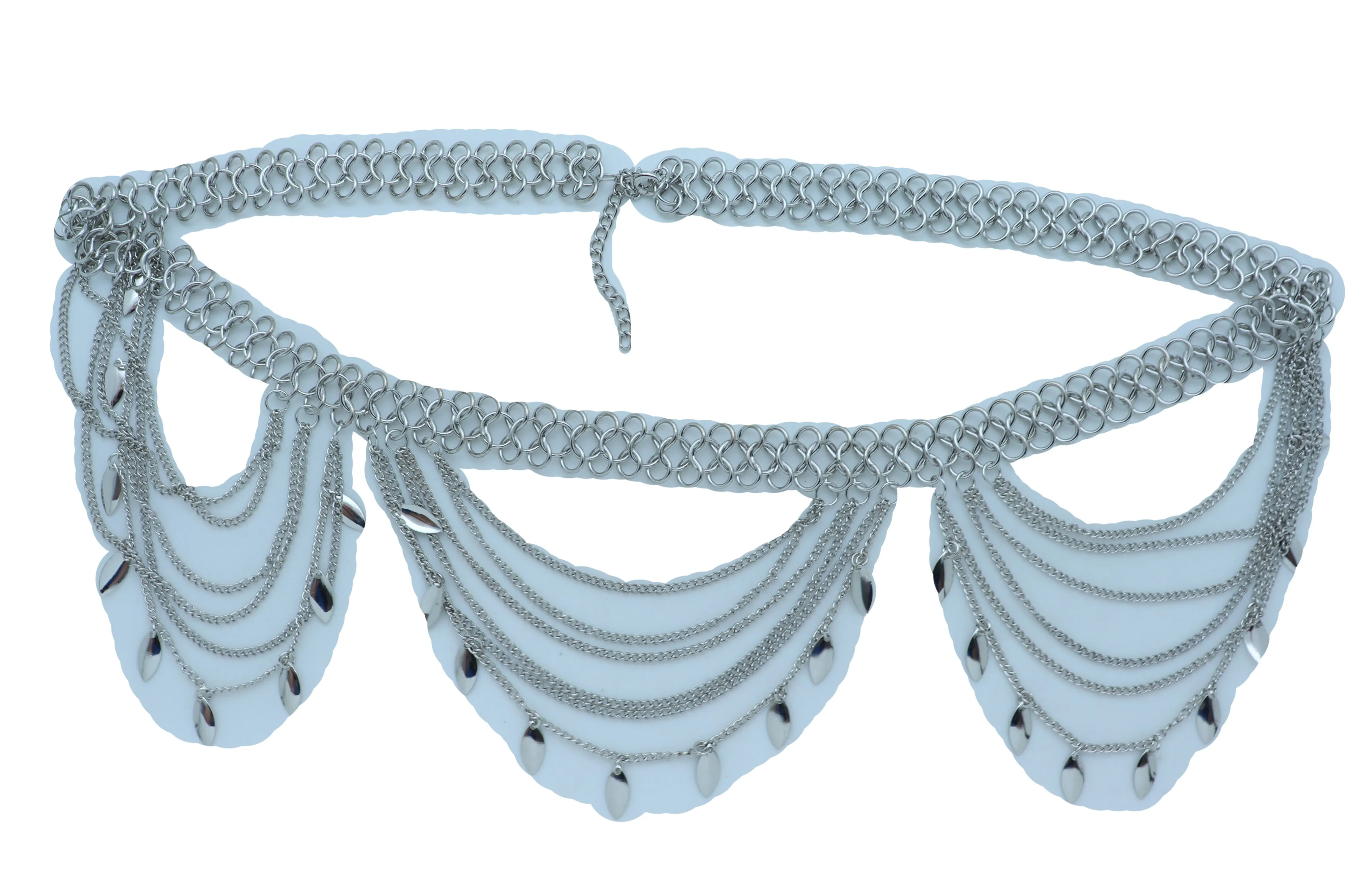 Multi Strand Side Waves Leaf Charms Metal Chain Belt
