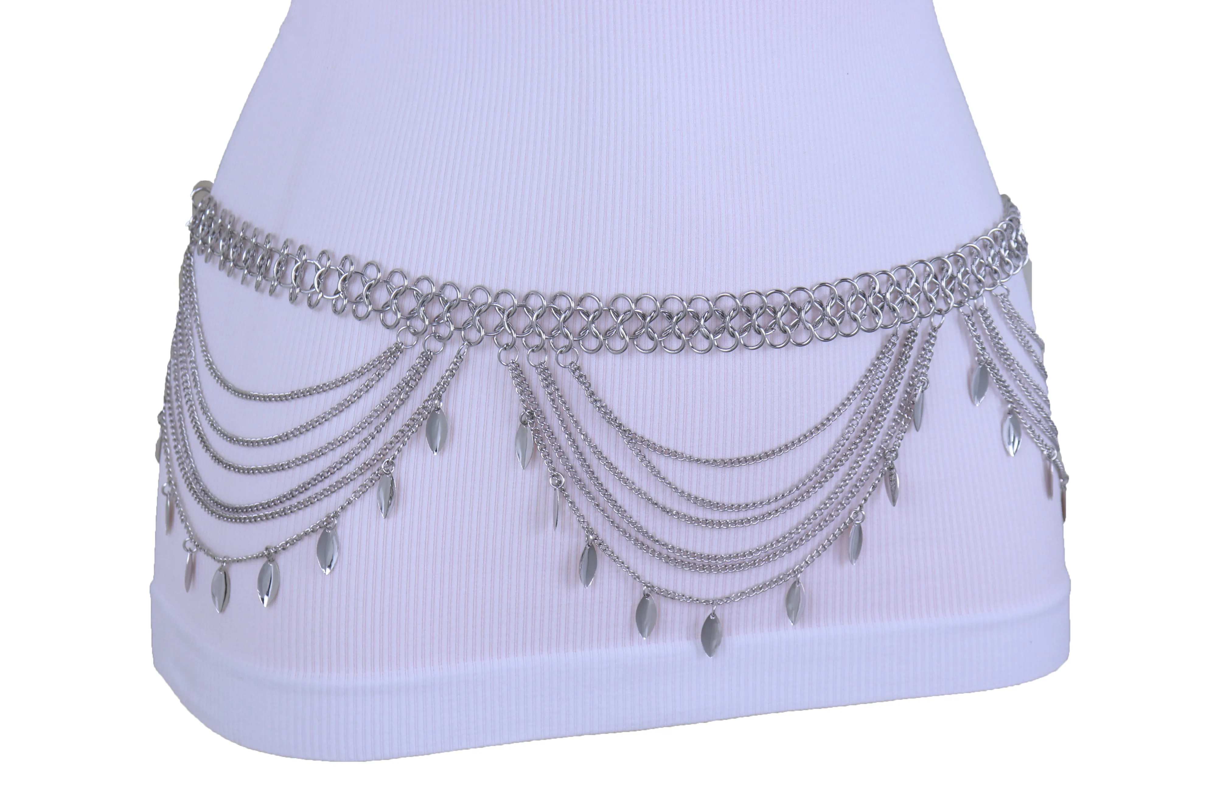 Multi Strand Side Waves Leaf Charms Metal Chain Belt