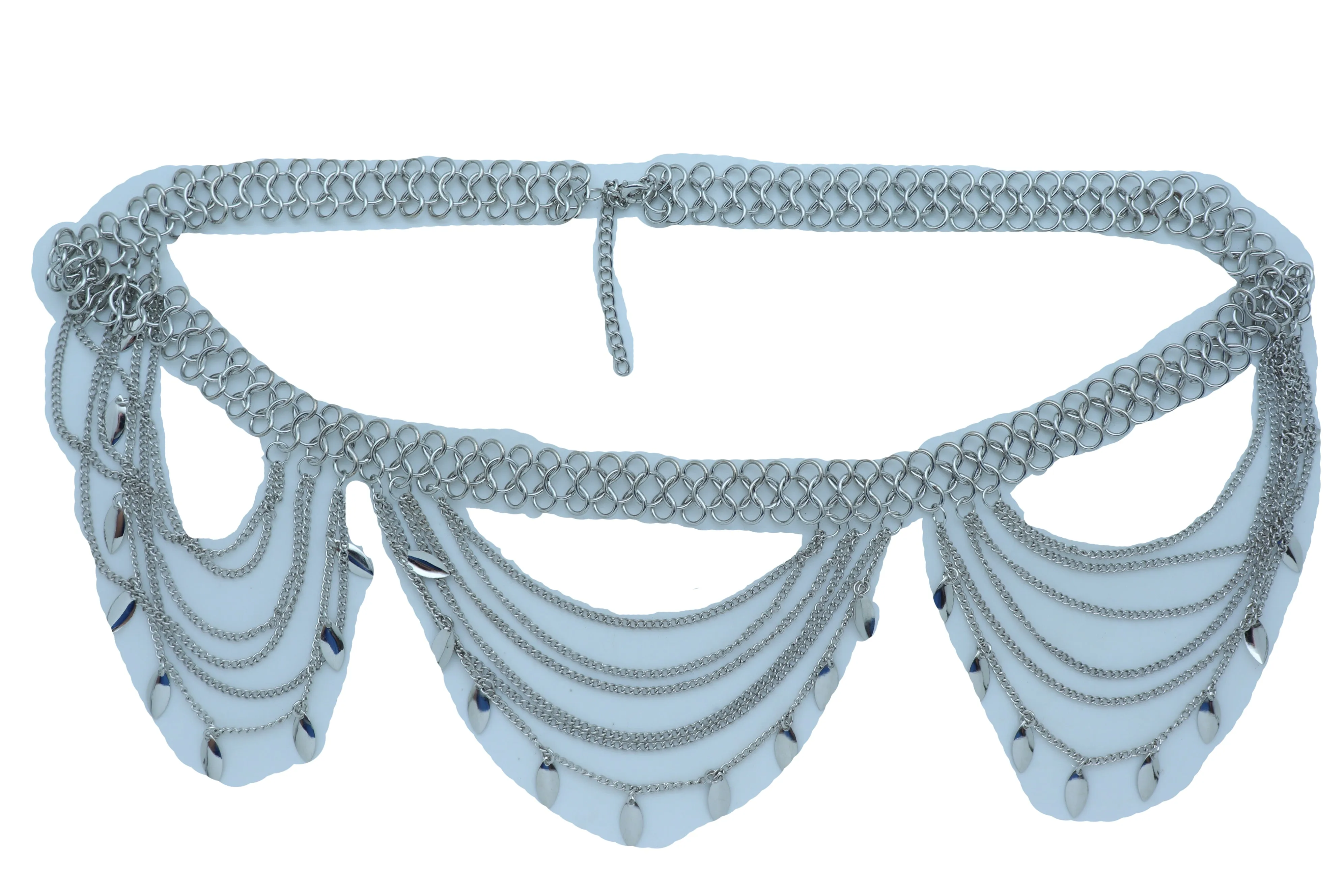 Multi Strand Side Waves Leaf Charms Metal Chain Belt