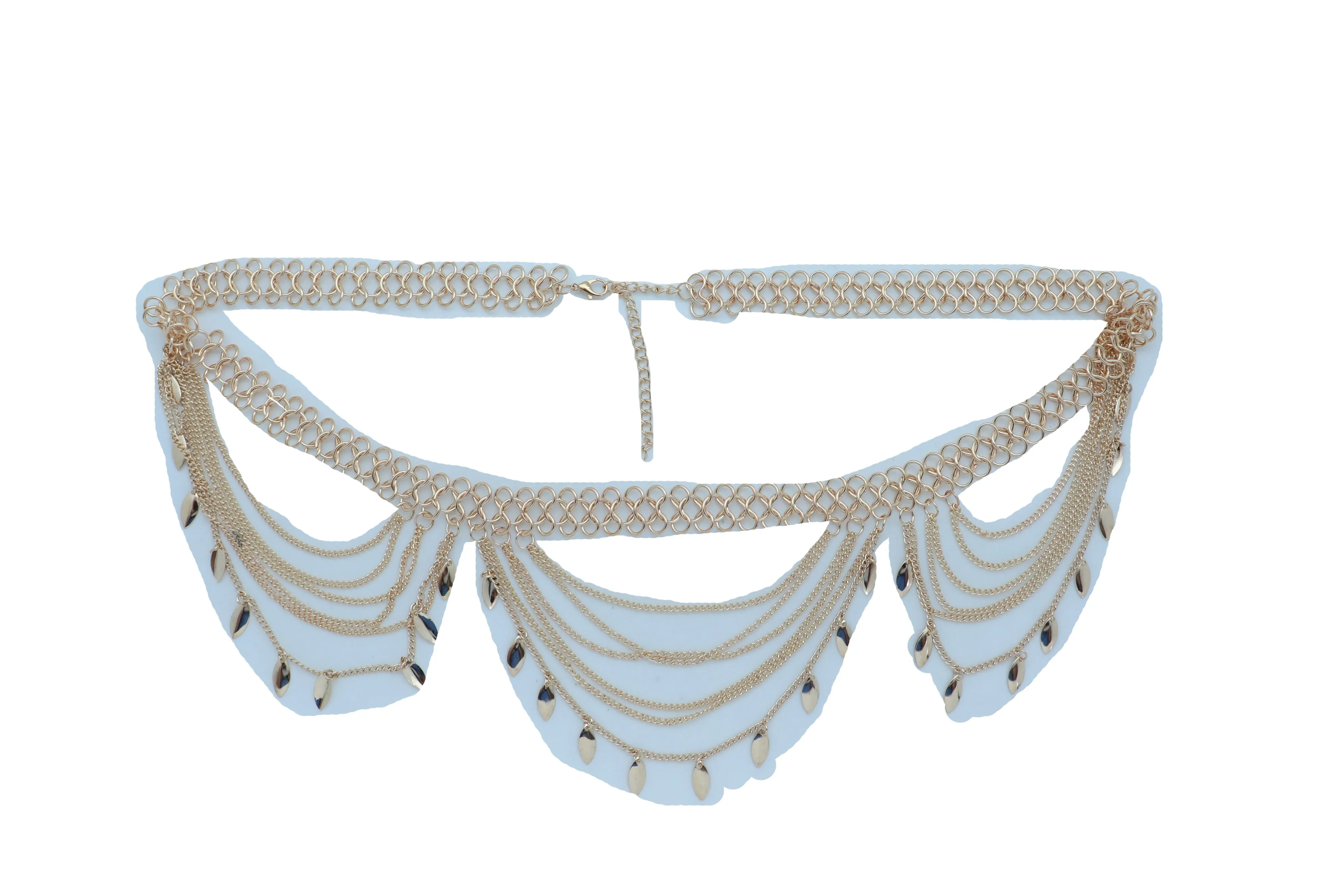 Multi Strand Side Waves Leaf Charms Metal Chain Belt