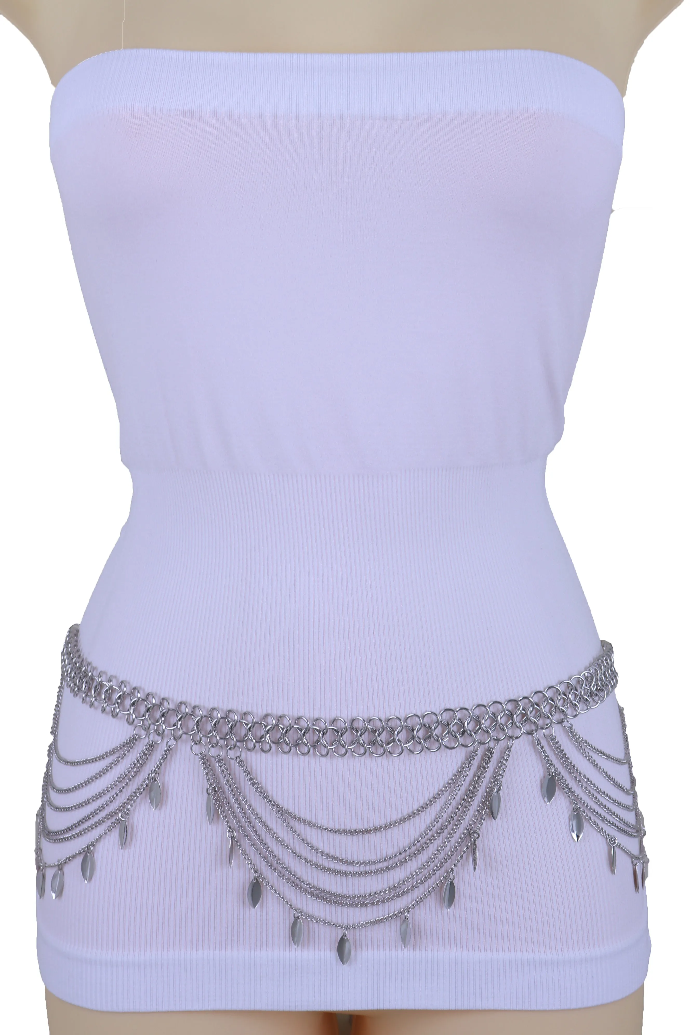 Multi Strand Side Waves Leaf Charms Metal Chain Belt