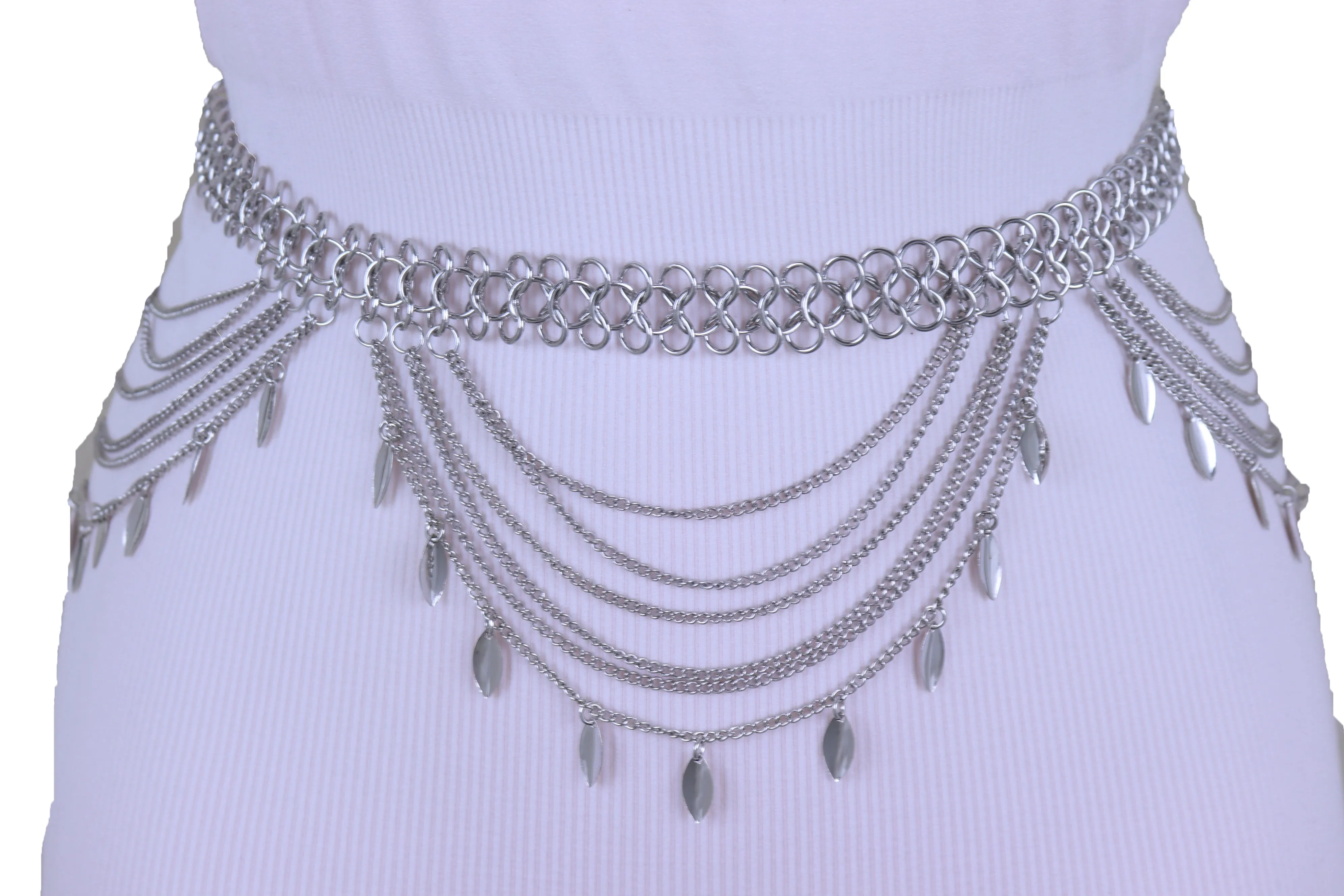 Multi Strand Side Waves Leaf Charms Metal Chain Belt