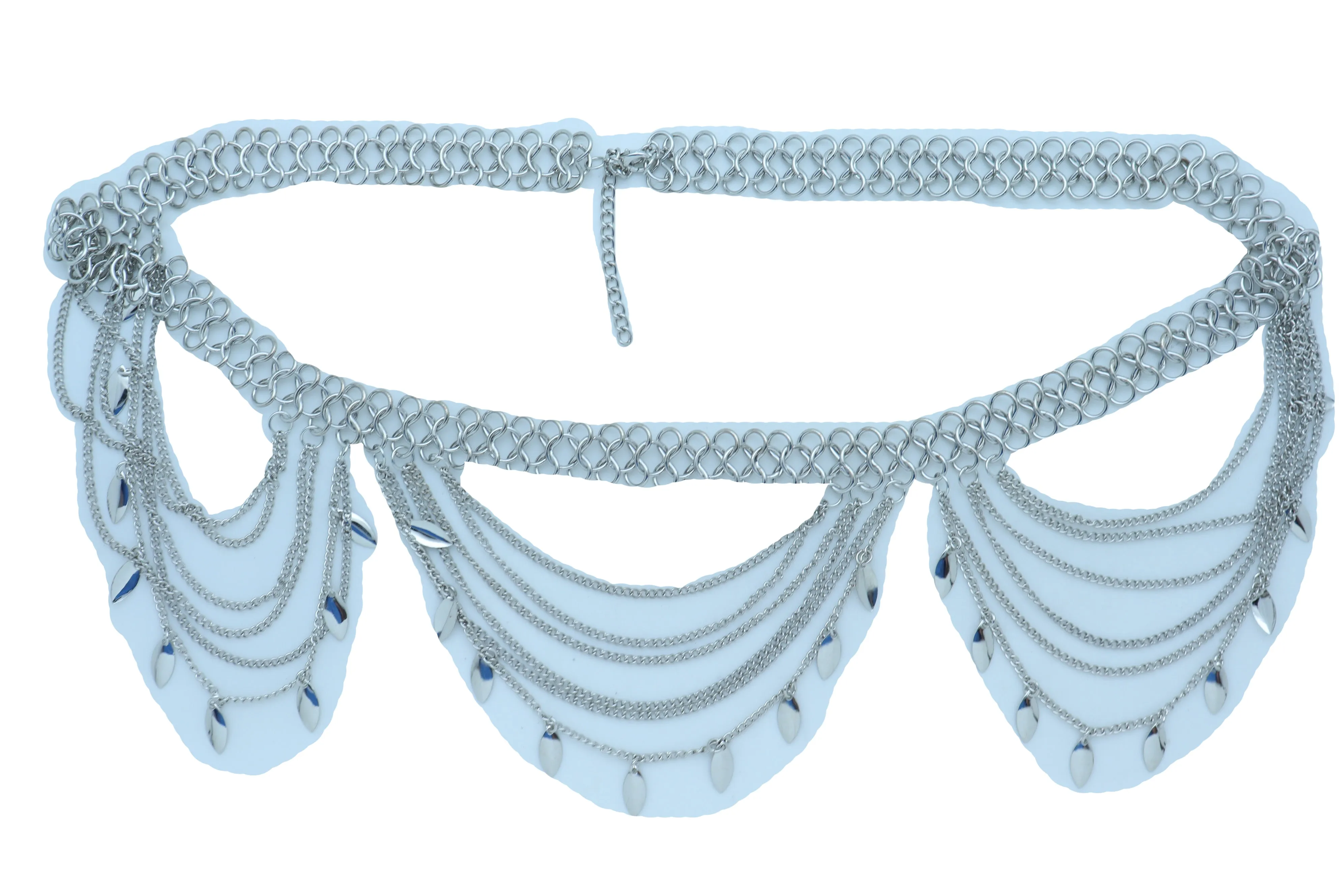 Multi Strand Side Waves Leaf Charms Metal Chain Belt