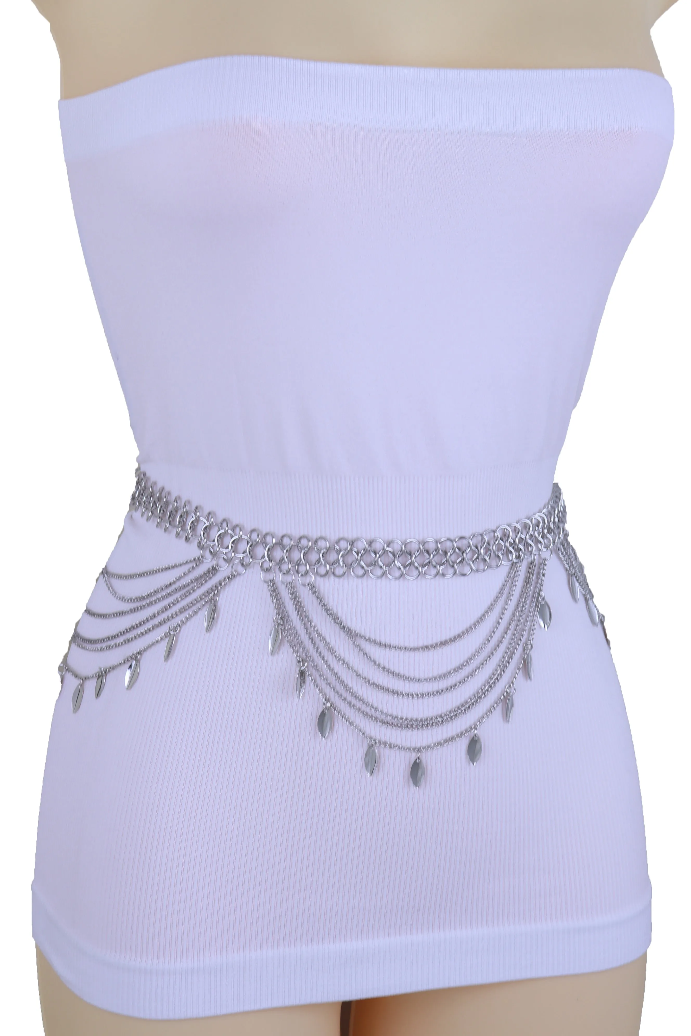 Multi Strand Side Waves Leaf Charms Metal Chain Belt