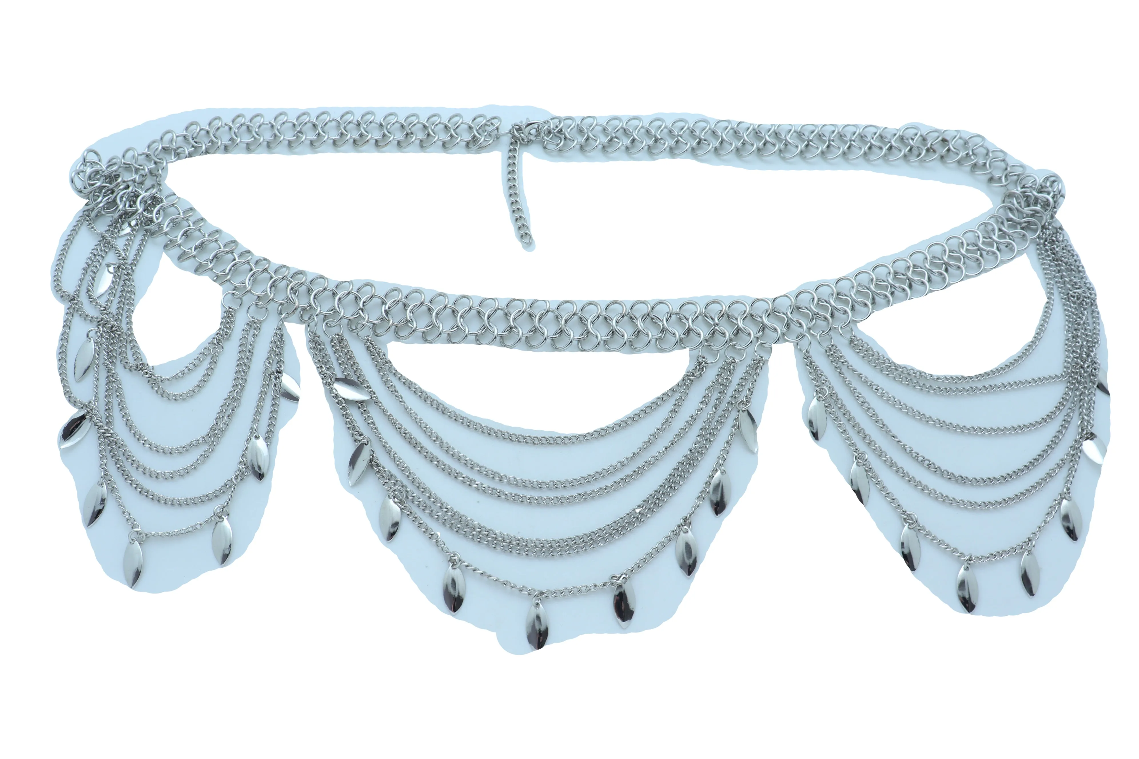Multi Strand Side Waves Leaf Charms Metal Chain Belt