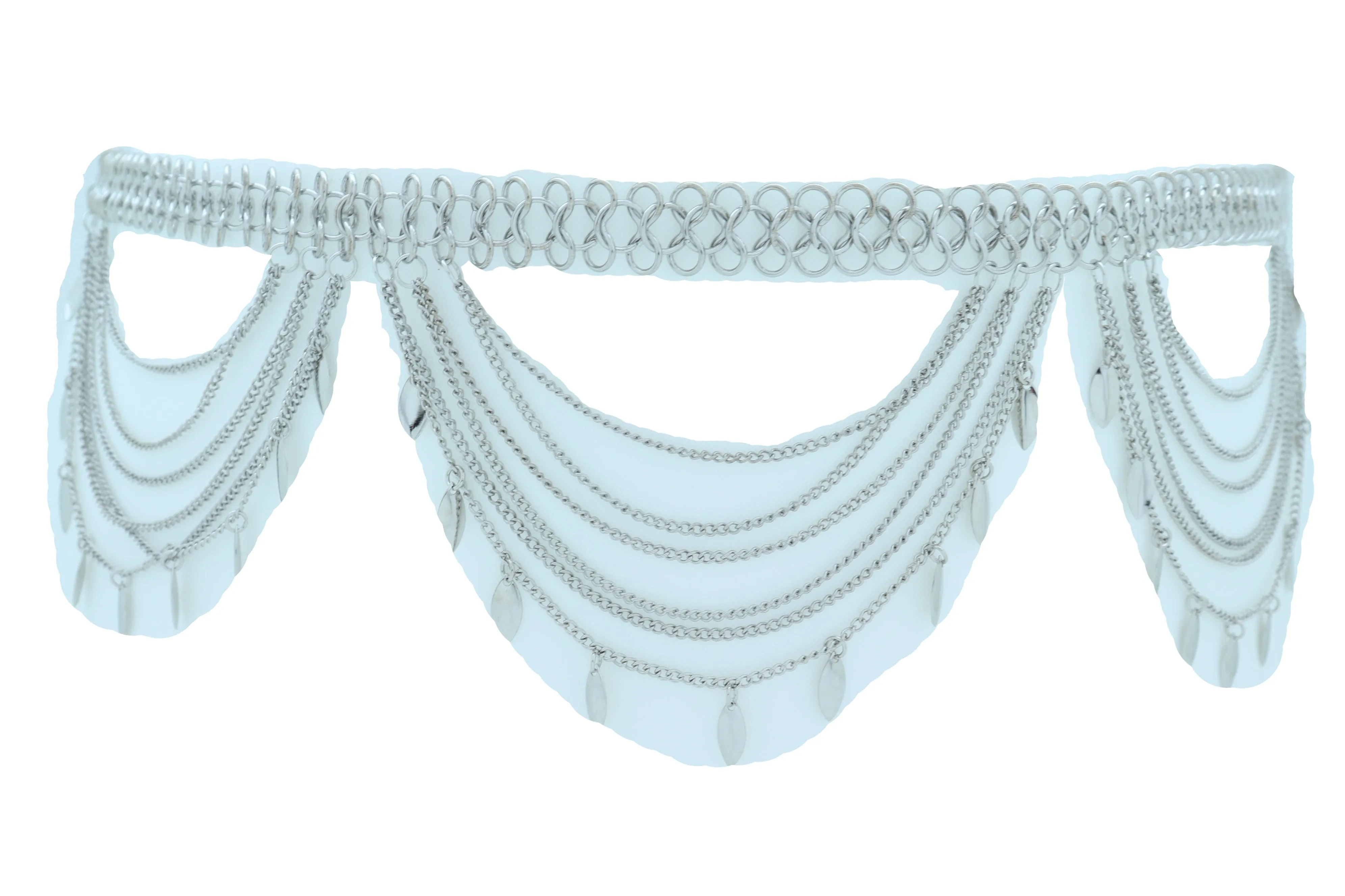 Multi Strand Side Waves Leaf Charms Metal Chain Belt