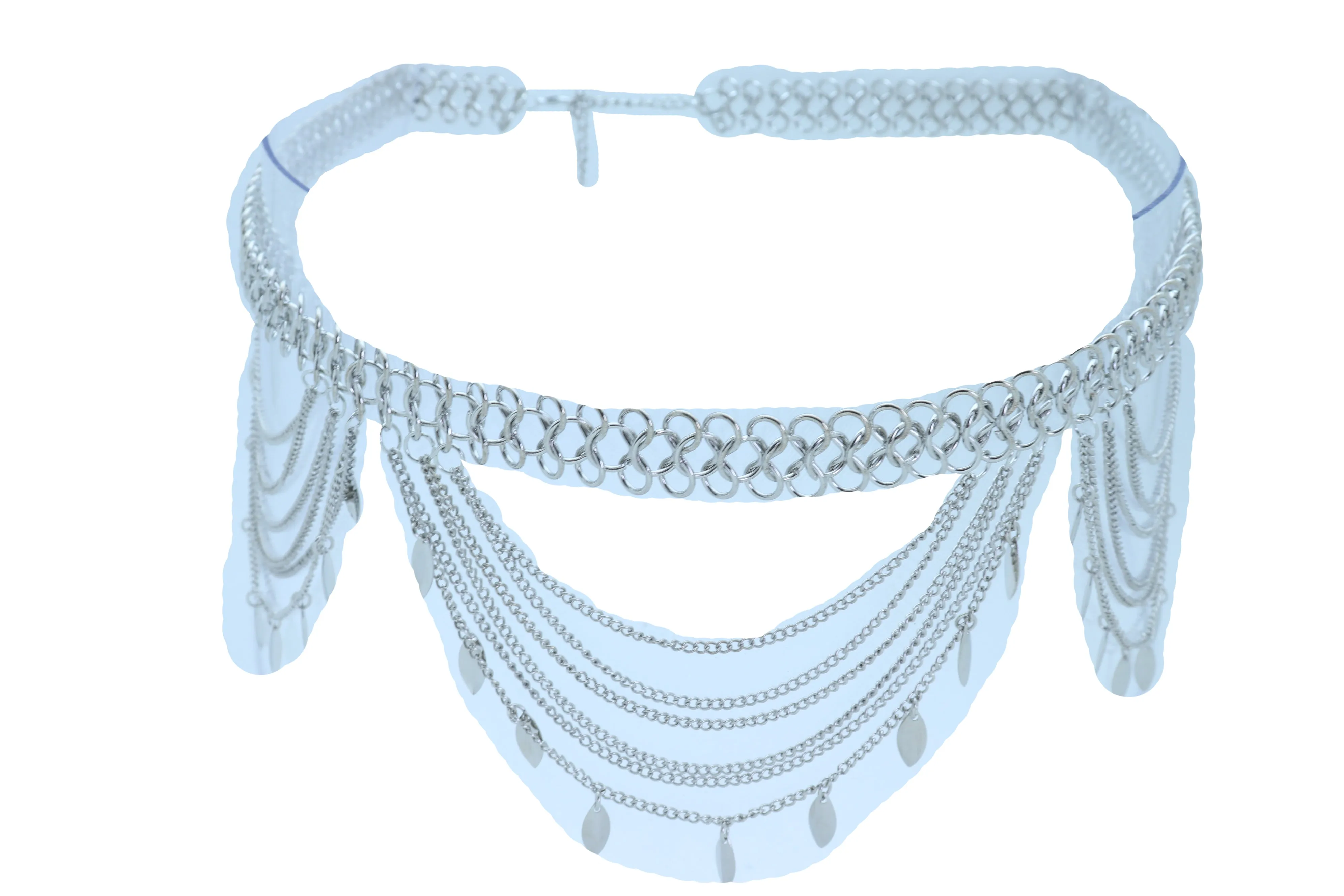 Multi Strand Side Waves Leaf Charms Metal Chain Belt