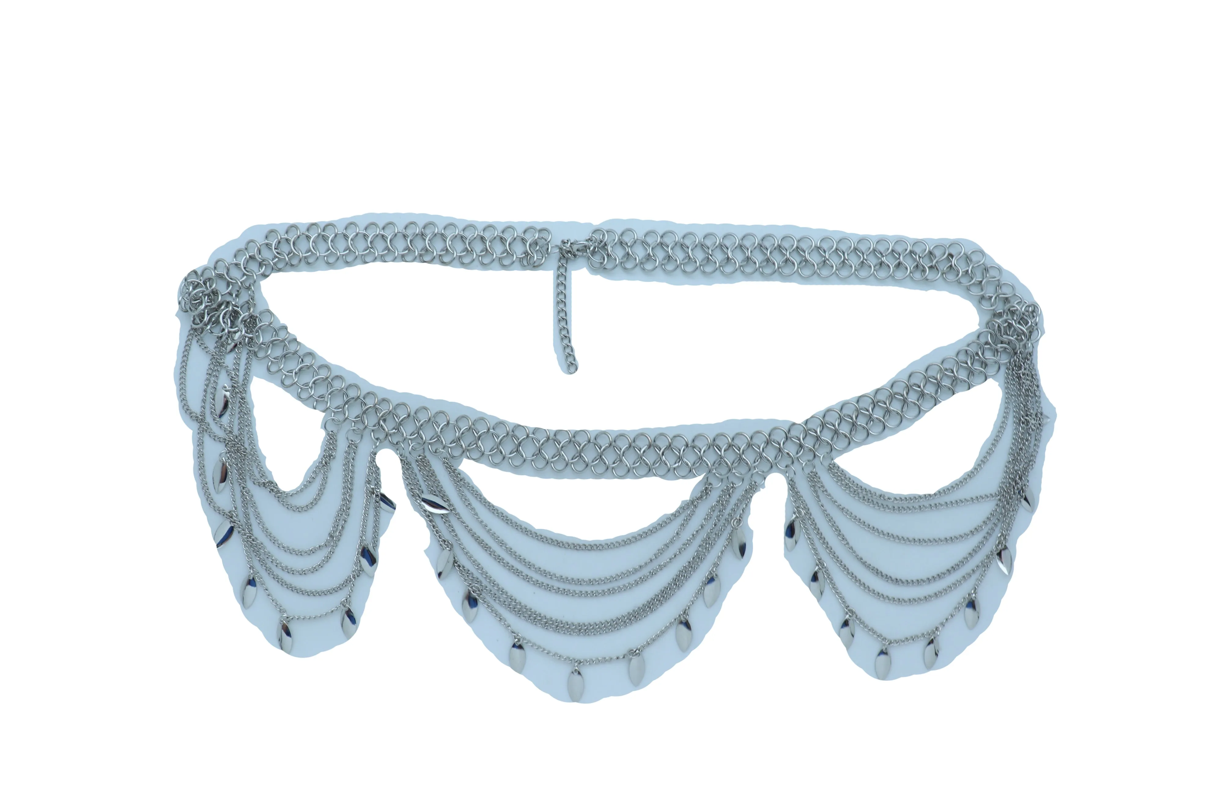 Multi Strand Side Waves Leaf Charms Metal Chain Belt
