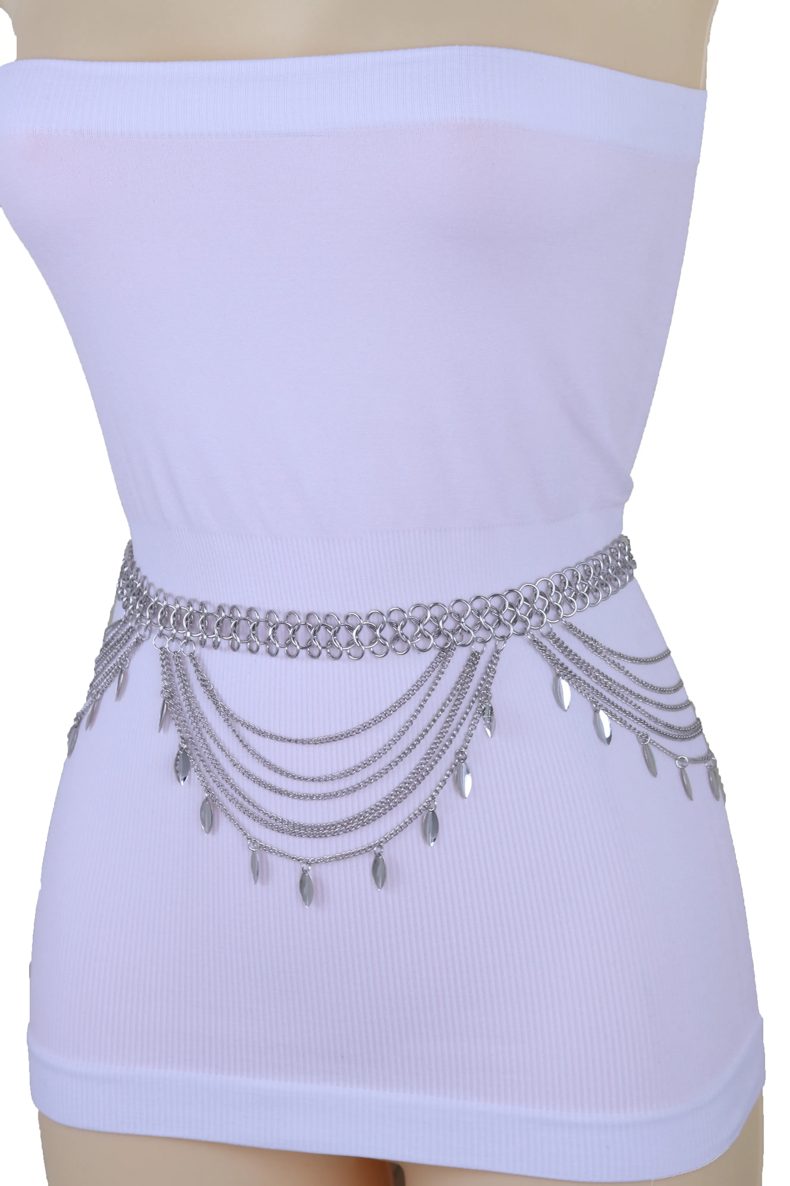 Multi Strand Side Waves Leaf Charms Metal Chain Belt