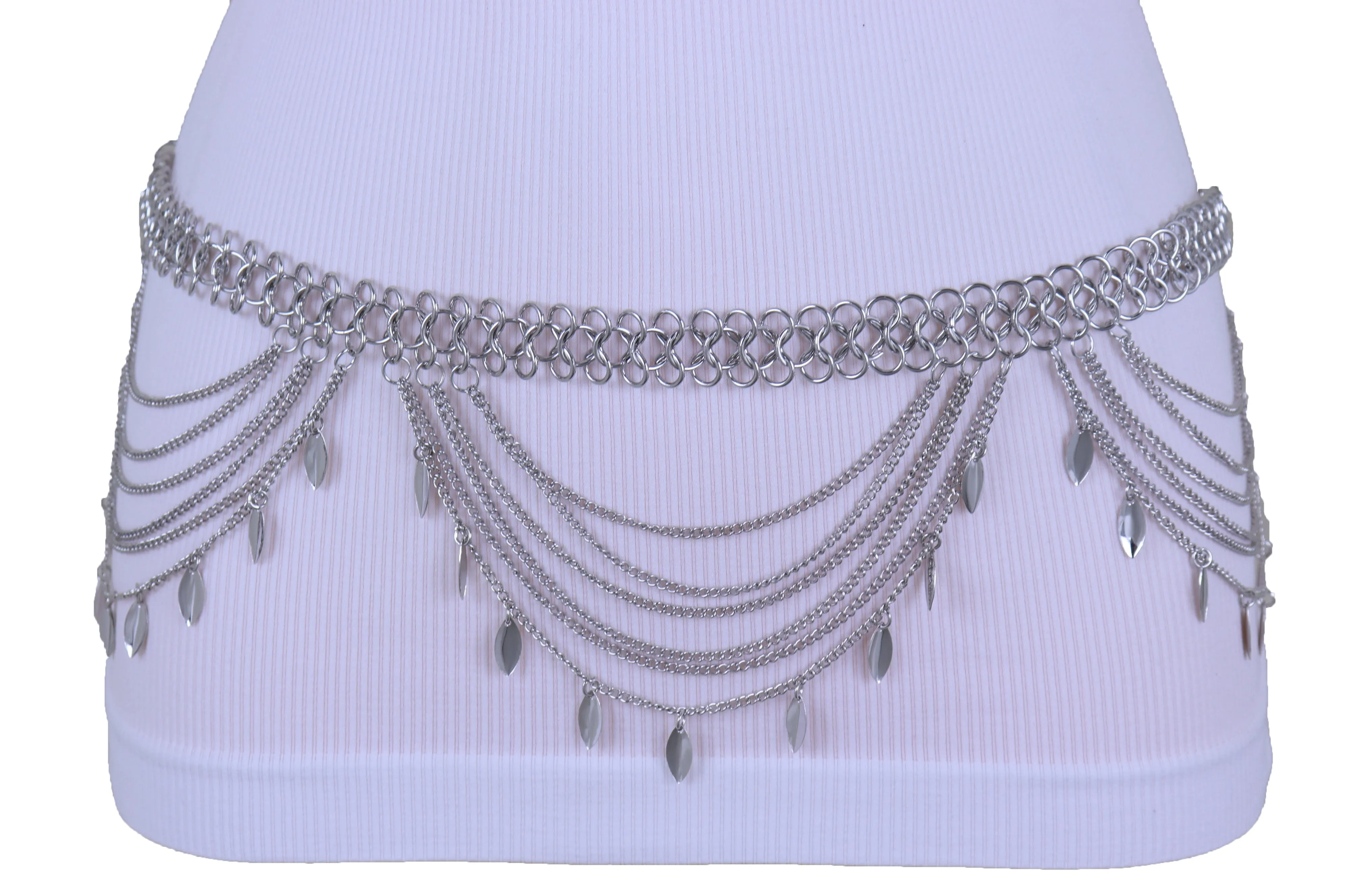 Multi Strand Side Waves Leaf Charms Metal Chain Belt