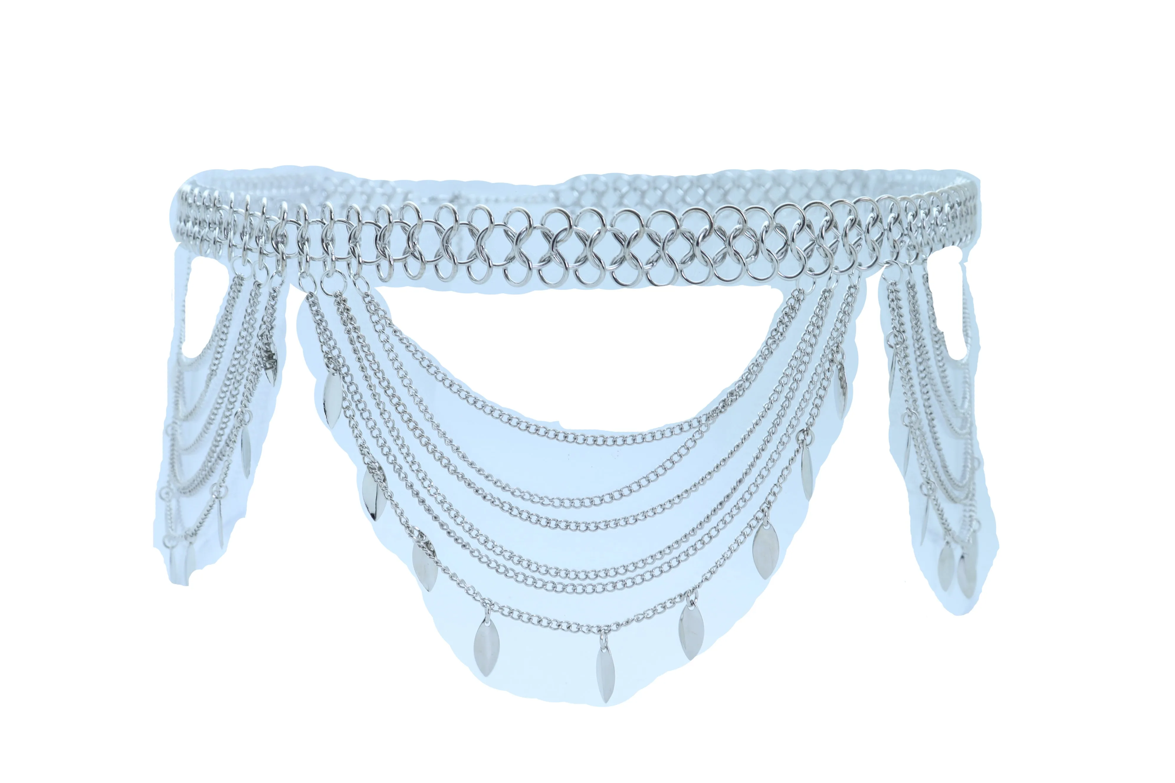 Multi Strand Side Waves Leaf Charms Metal Chain Belt