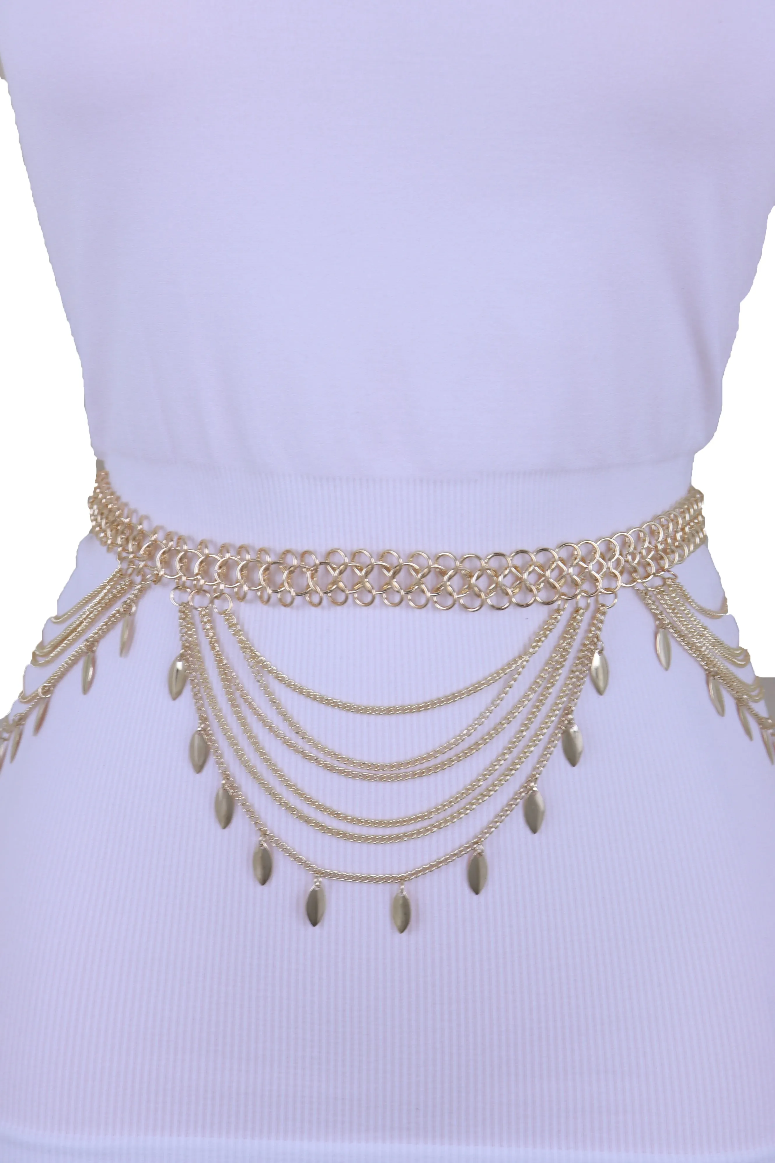Multi Strand Side Waves Leaf Charms Metal Chain Belt