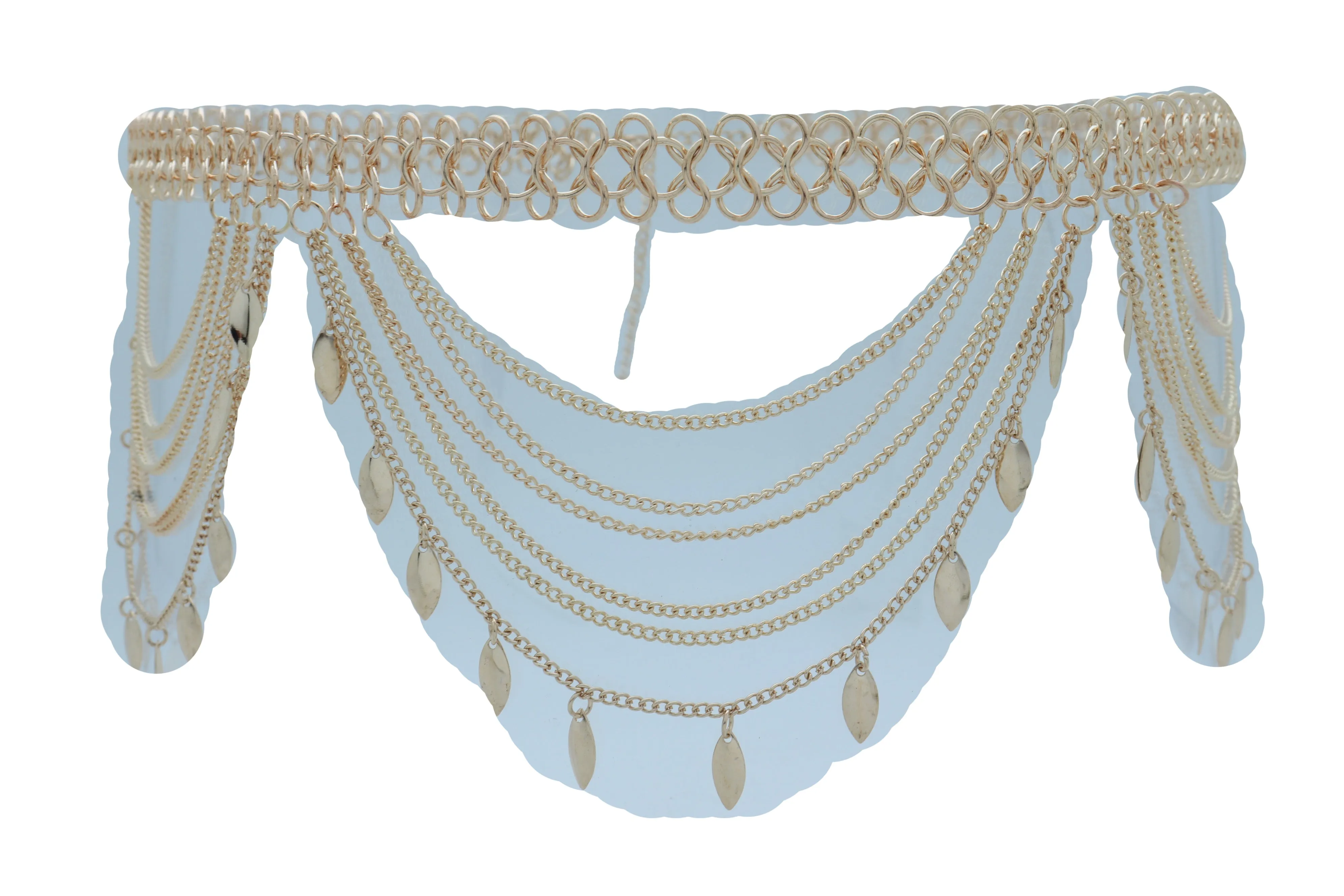 Multi Strand Side Waves Leaf Charms Metal Chain Belt