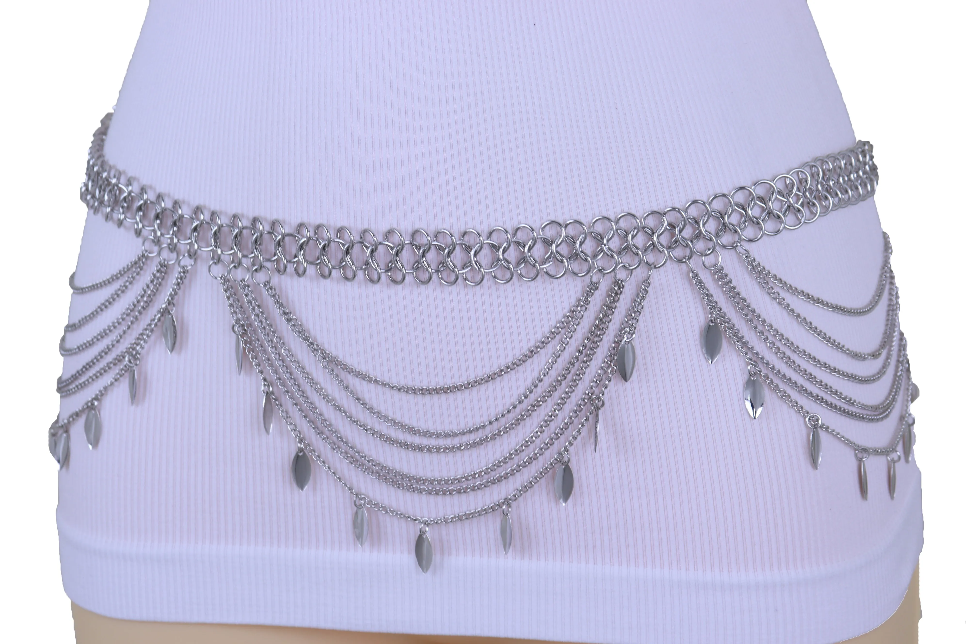 Multi Strand Side Waves Leaf Charms Metal Chain Belt