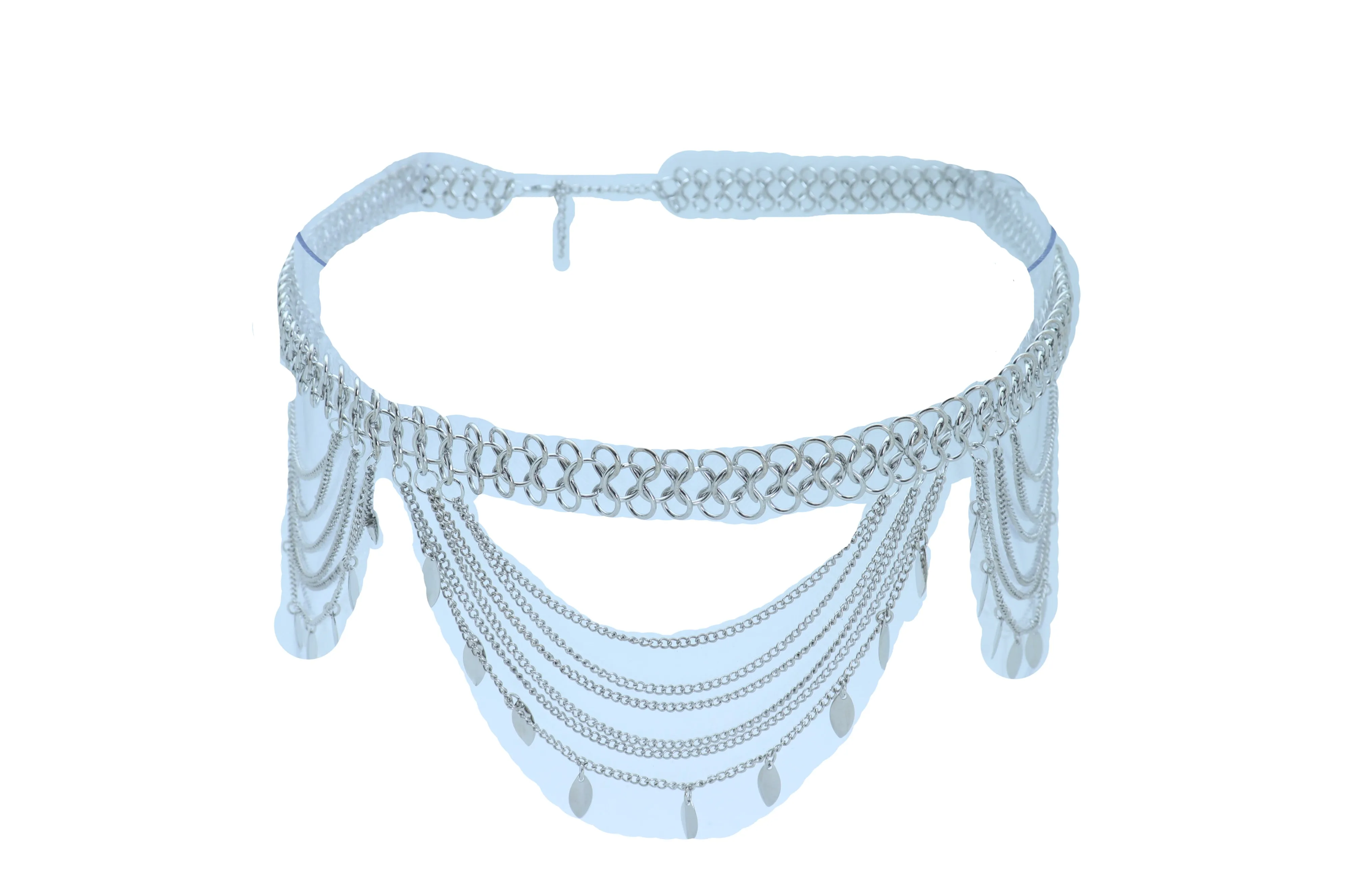Multi Strand Side Waves Leaf Charms Metal Chain Belt