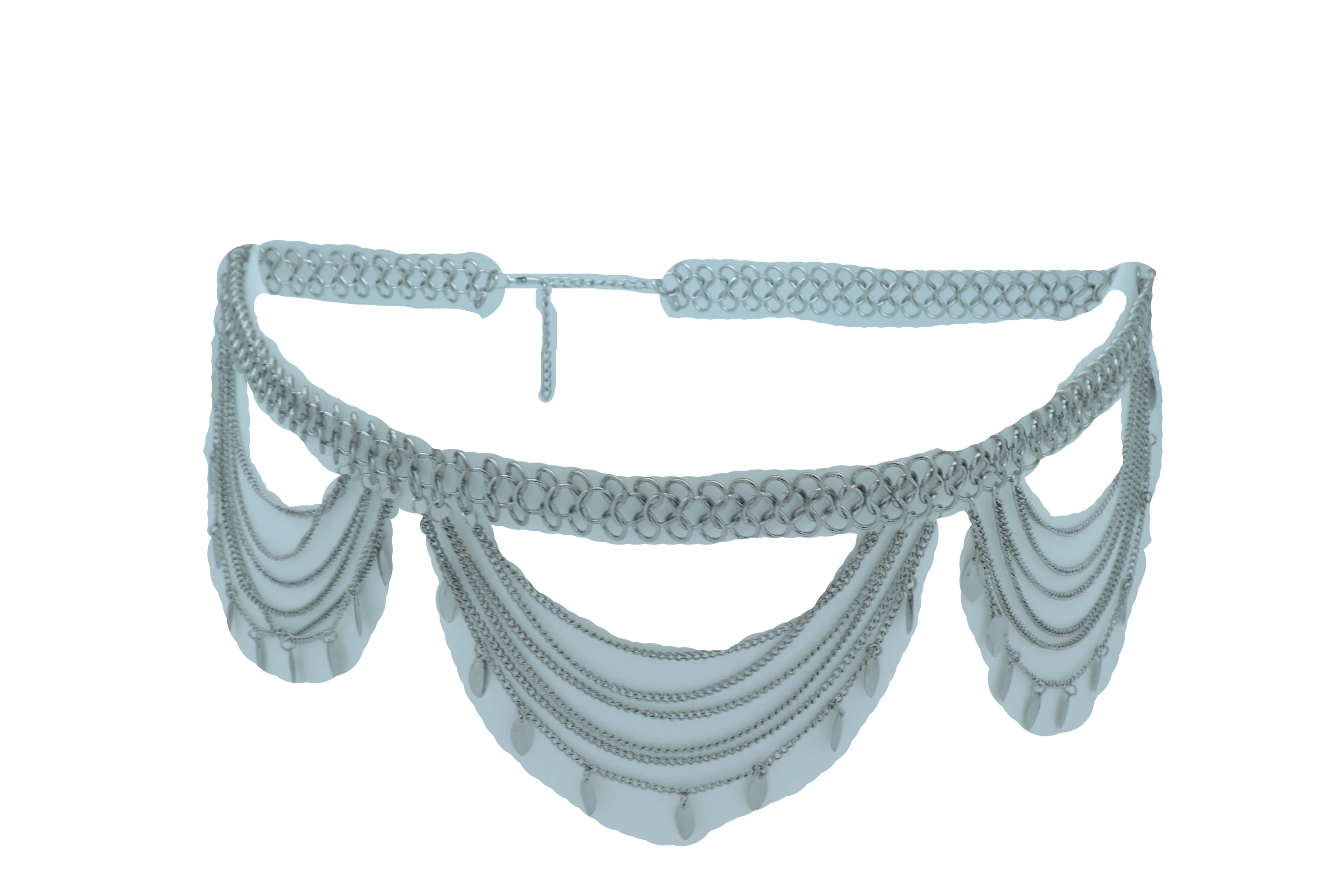 Multi Strand Side Waves Leaf Charms Metal Chain Belt