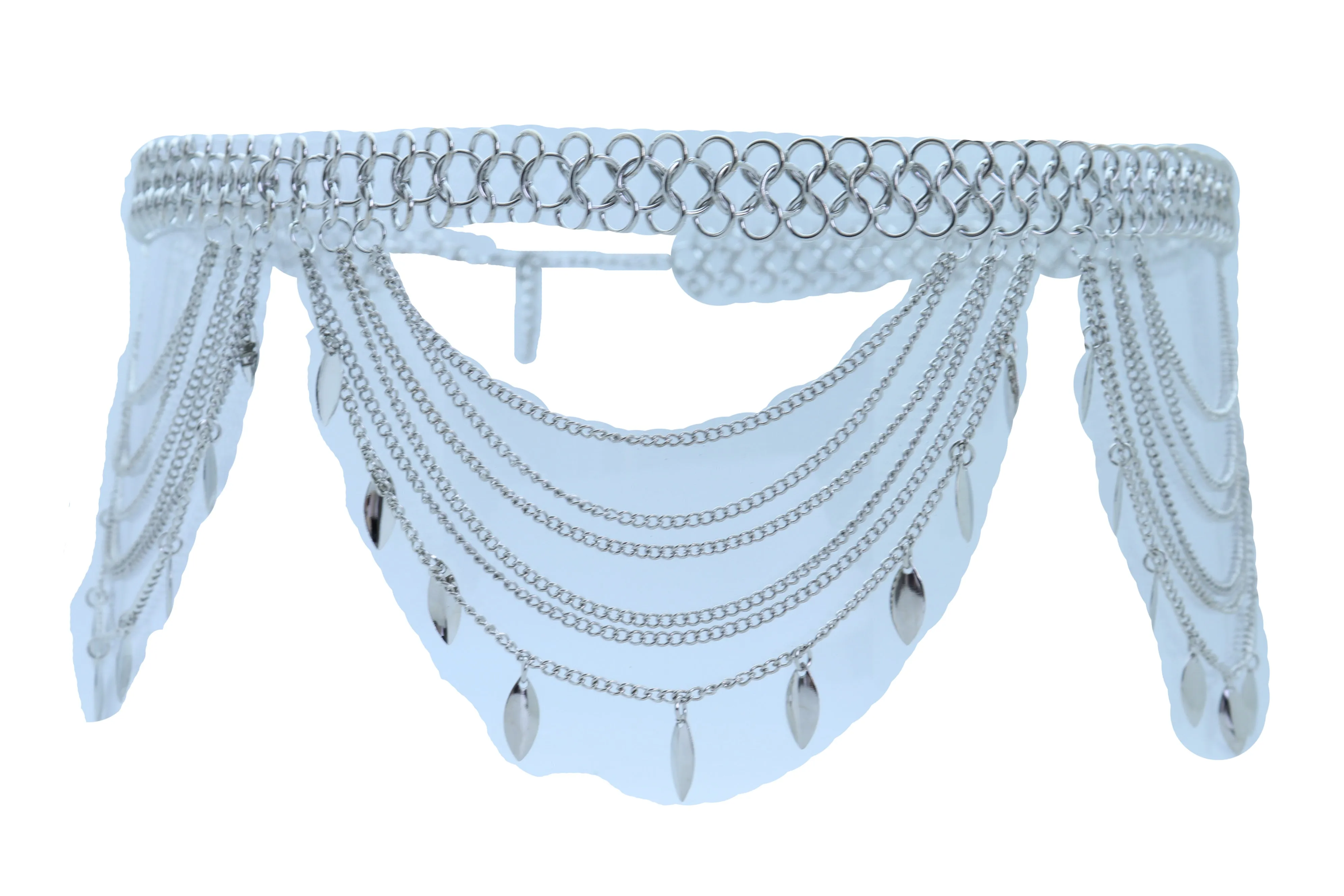 Multi Strand Side Waves Leaf Charms Metal Chain Belt