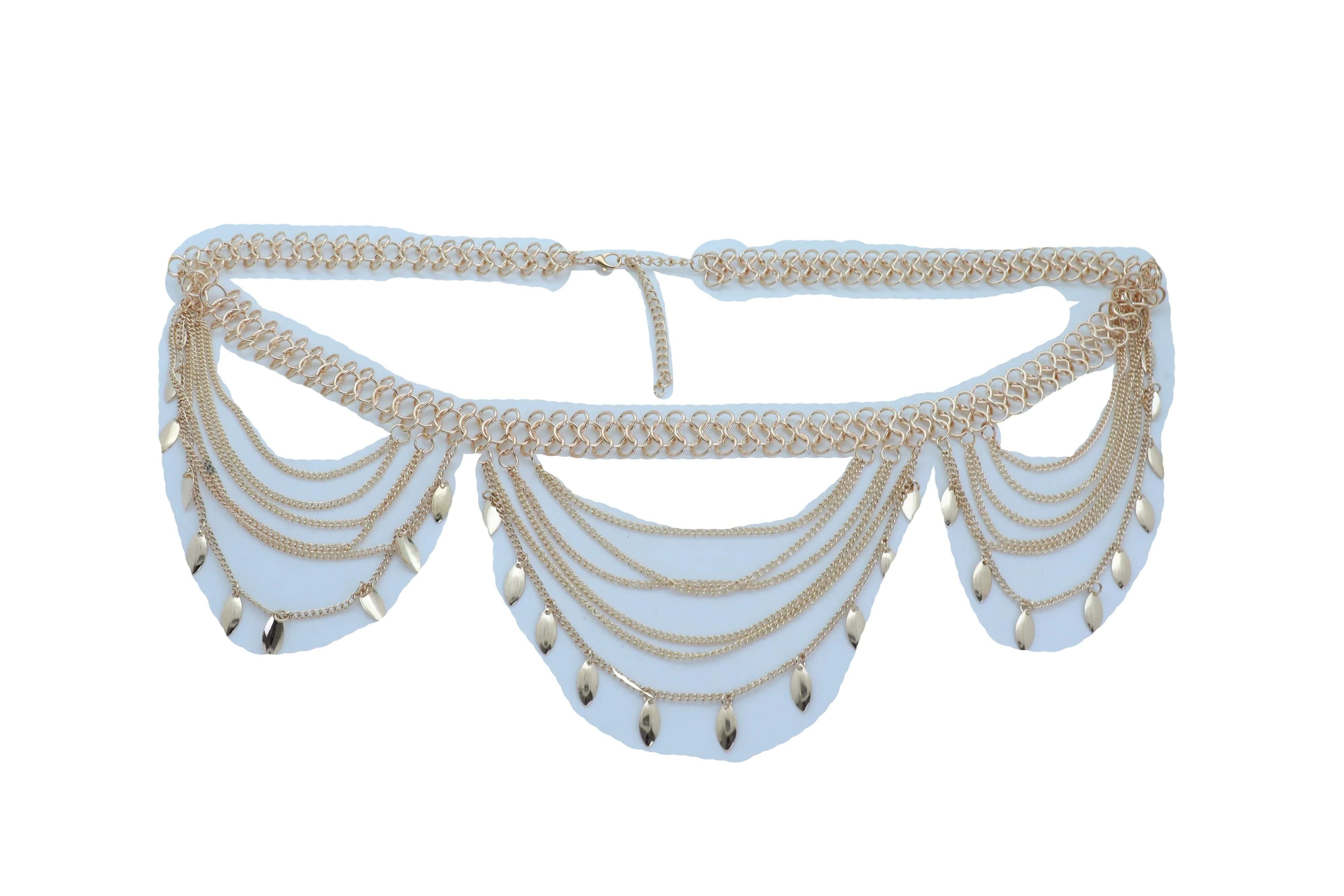 Multi Strand Side Waves Leaf Charms Metal Chain Belt