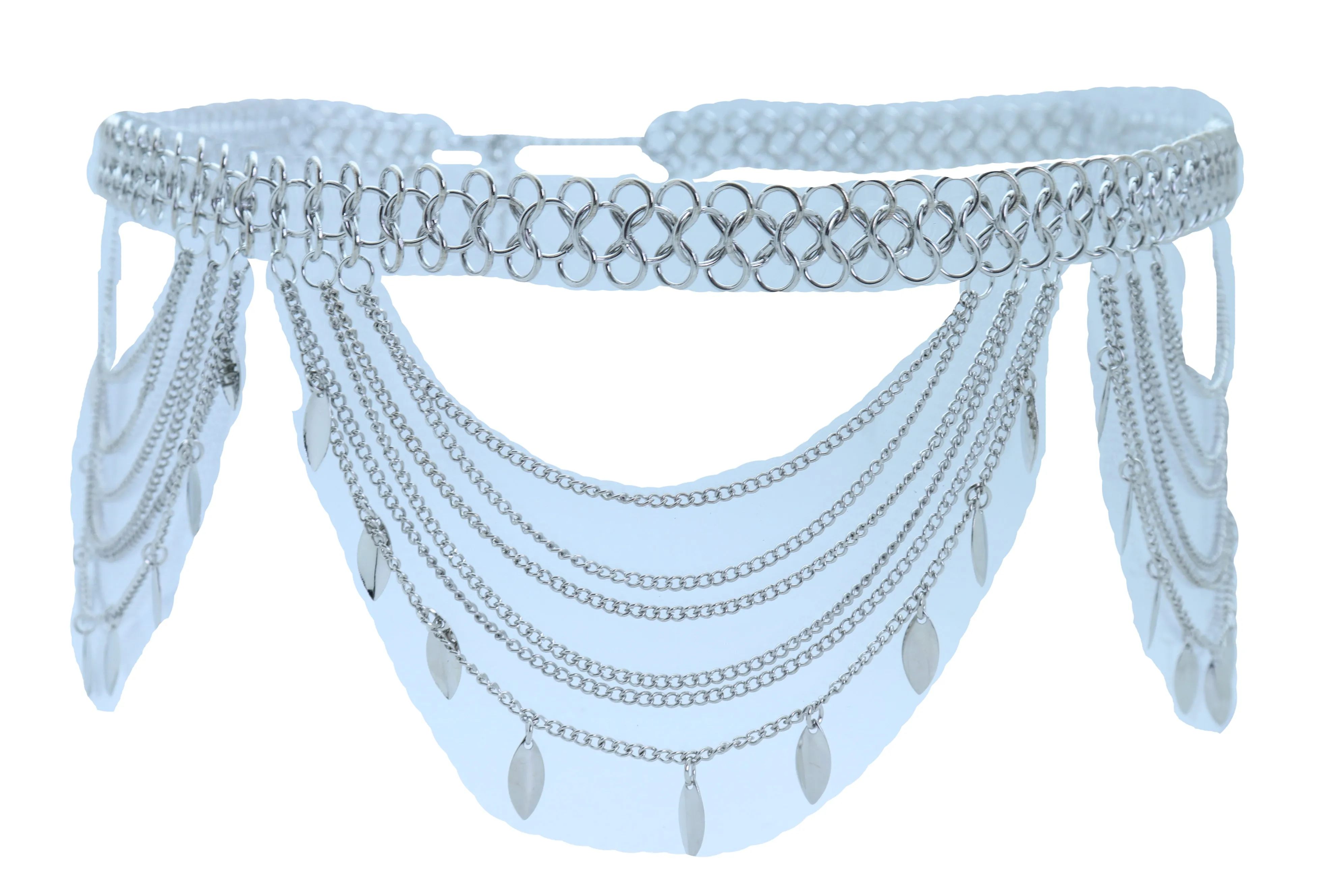 Multi Strand Side Waves Leaf Charms Metal Chain Belt