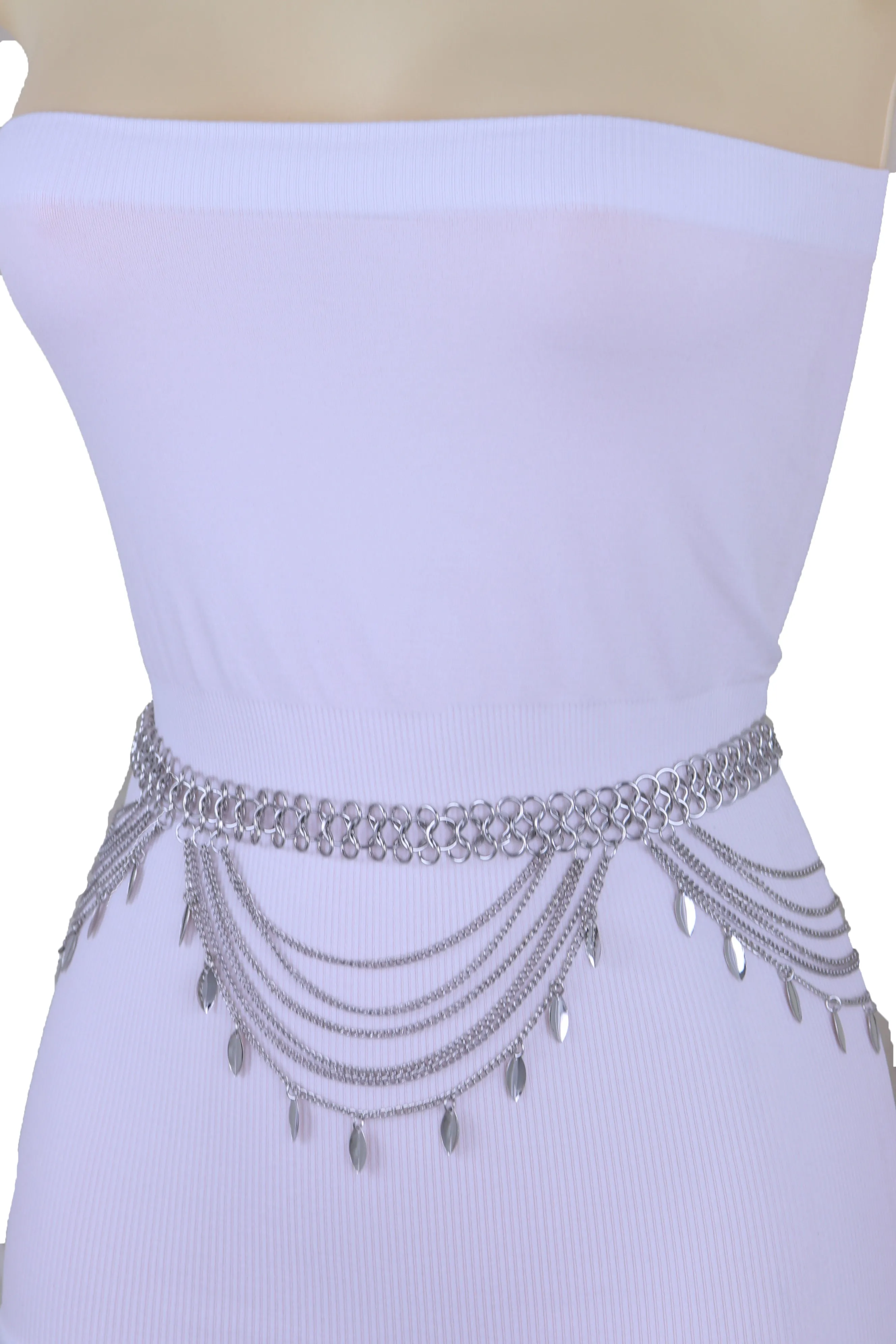 Multi Strand Side Waves Leaf Charms Metal Chain Belt