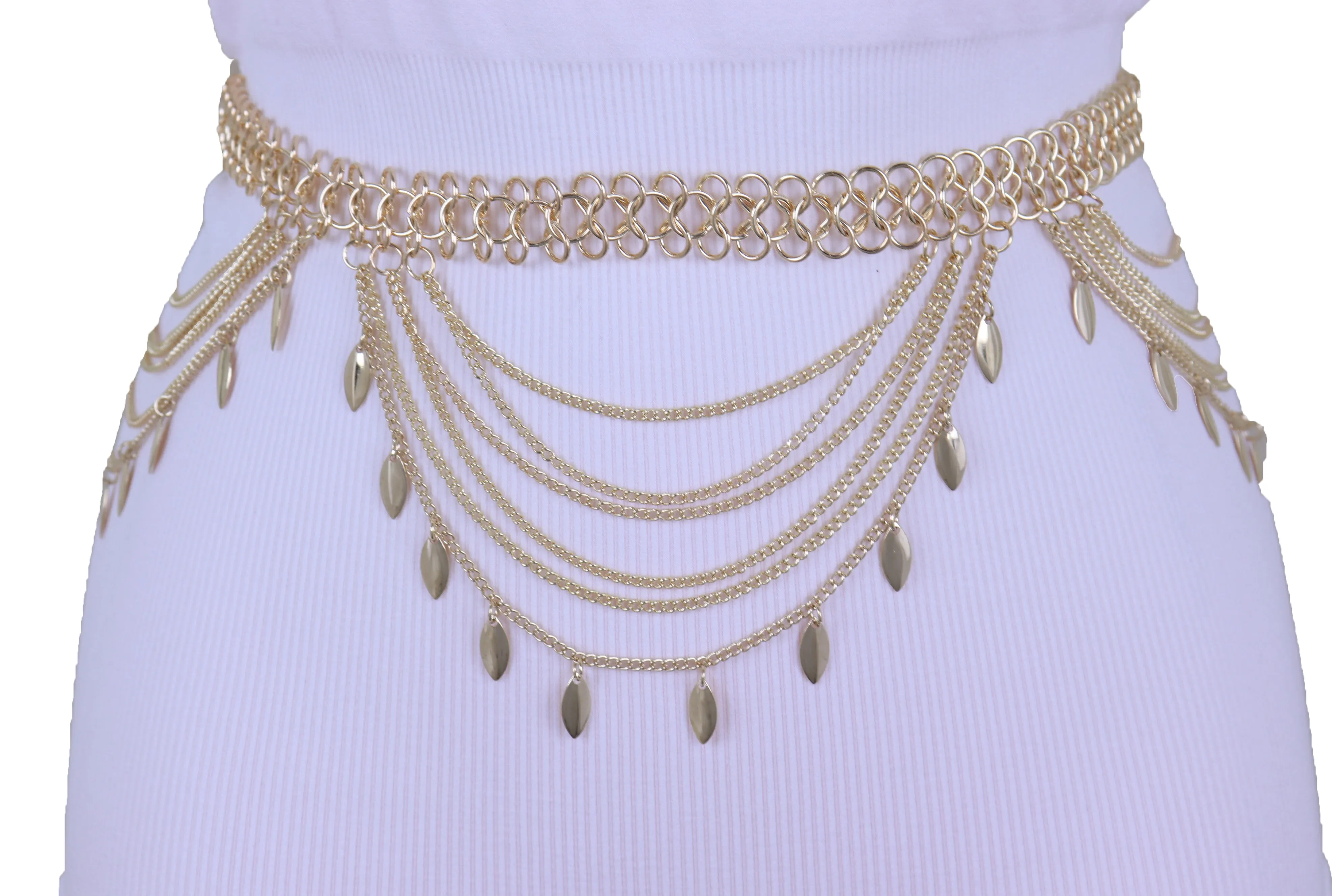 Multi Strand Side Waves Leaf Charms Metal Chain Belt