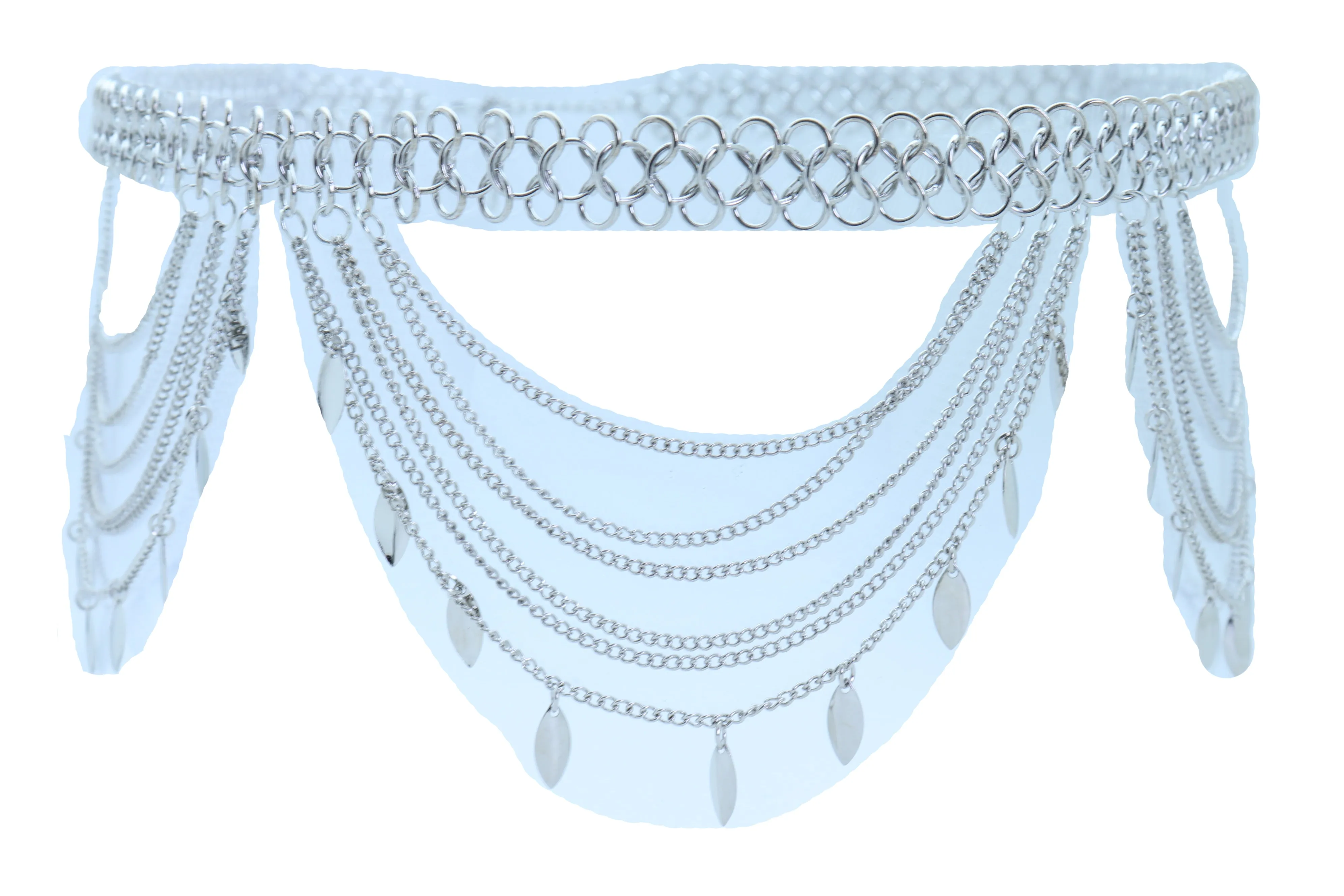 Multi Strand Side Waves Leaf Charms Metal Chain Belt