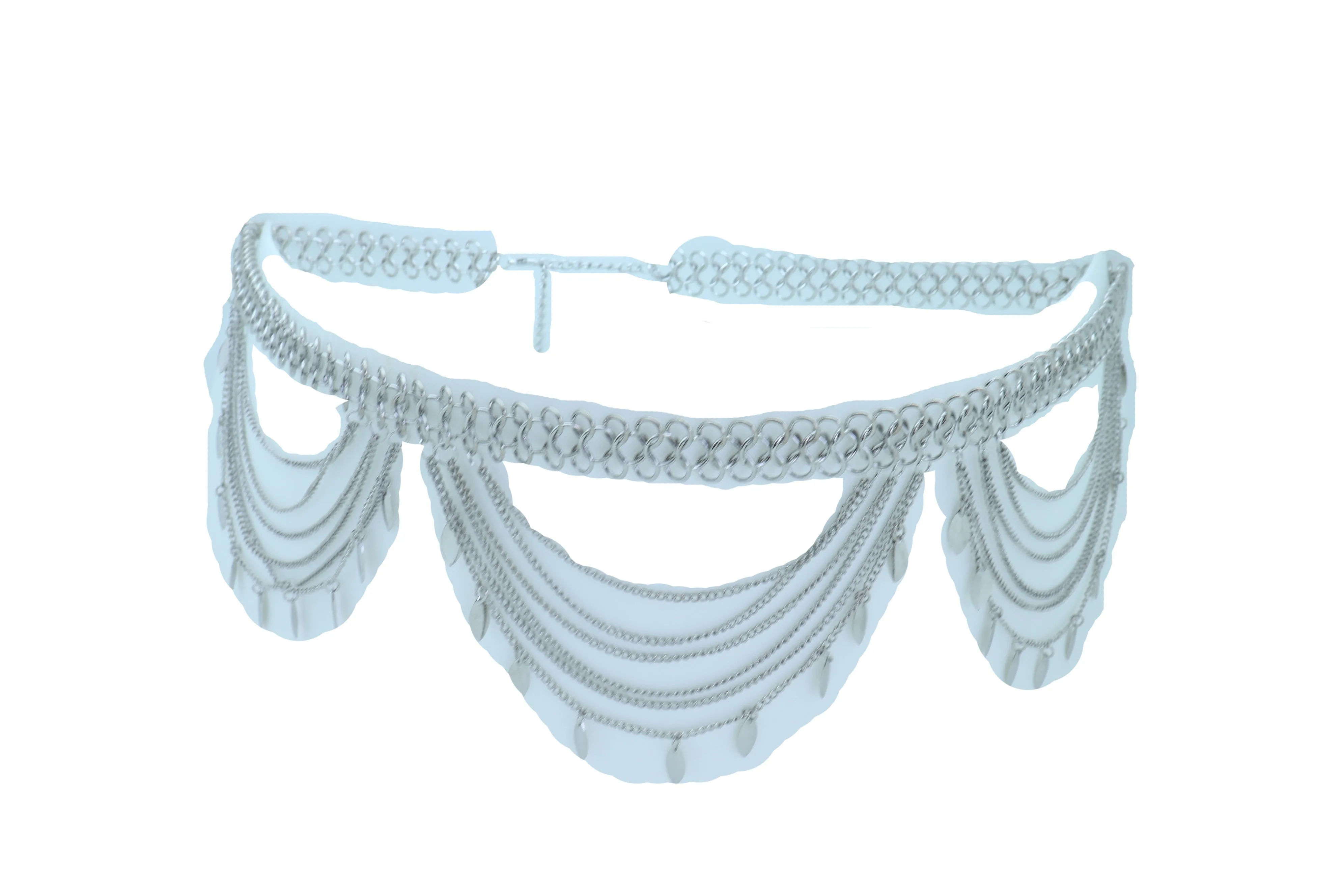 Multi Strand Side Waves Leaf Charms Metal Chain Belt
