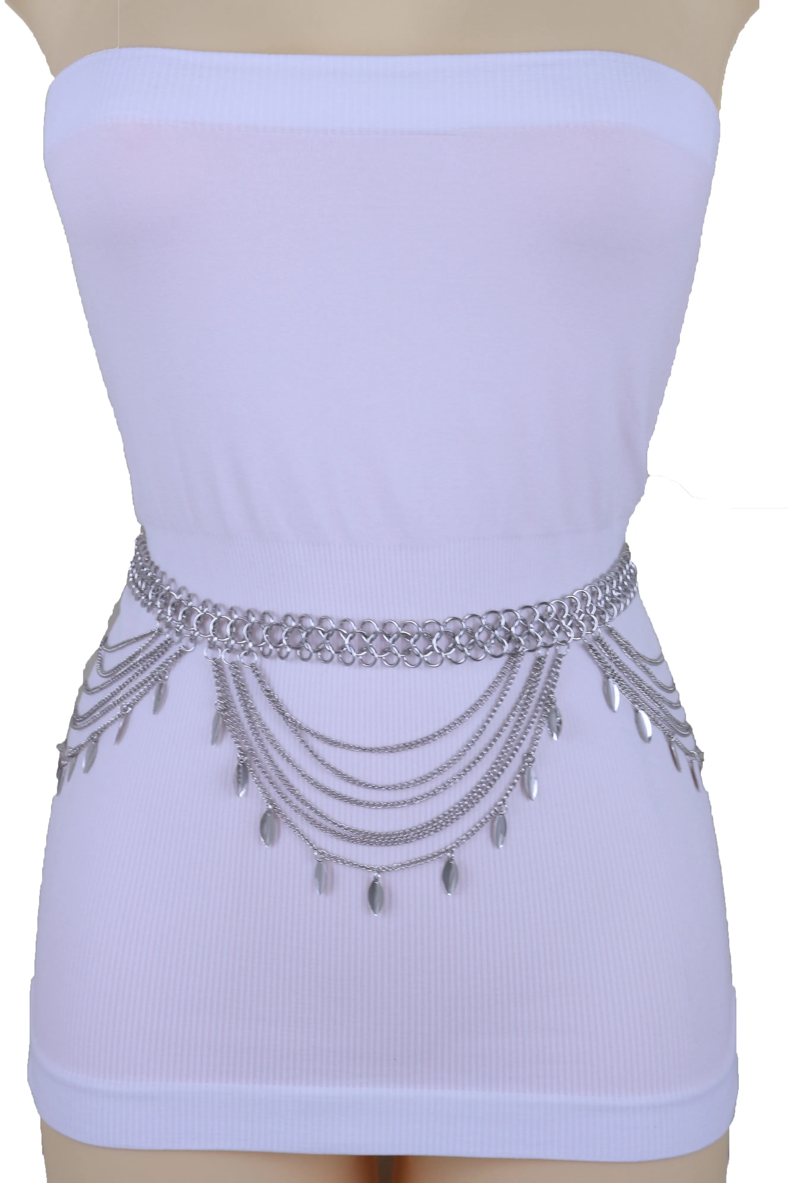 Multi Strand Side Waves Leaf Charms Metal Chain Belt