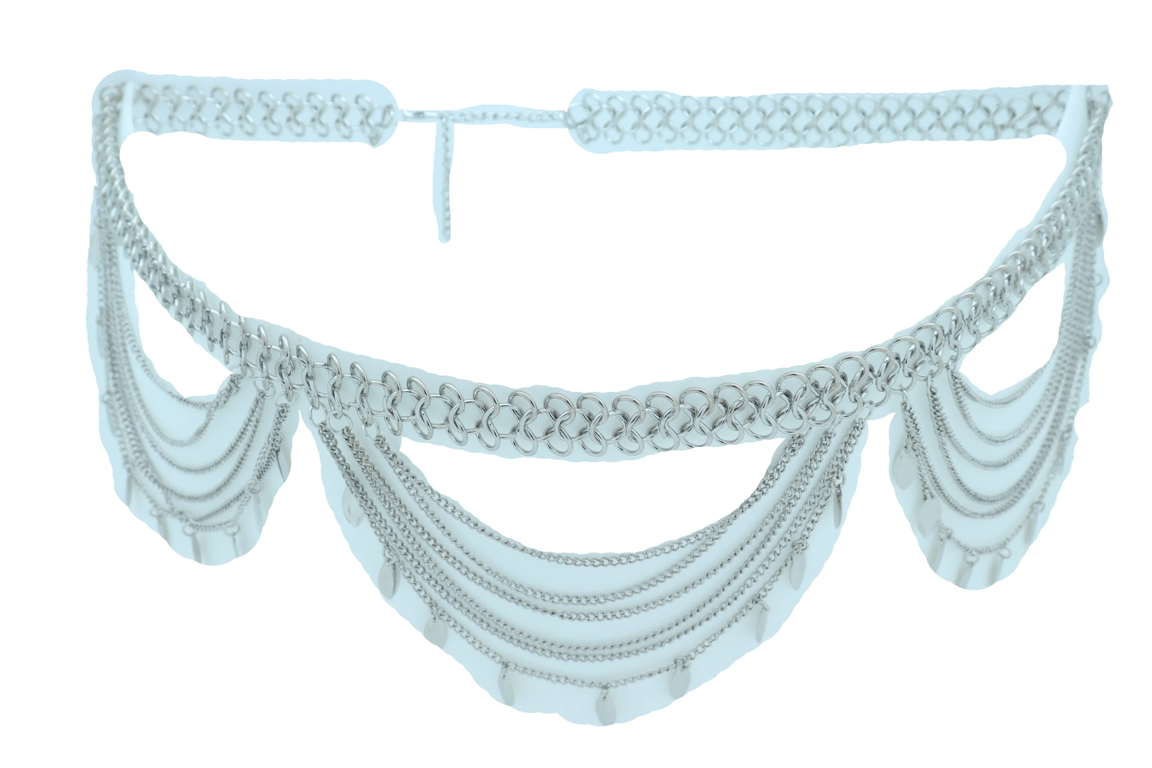 Multi Strand Side Waves Leaf Charms Metal Chain Belt