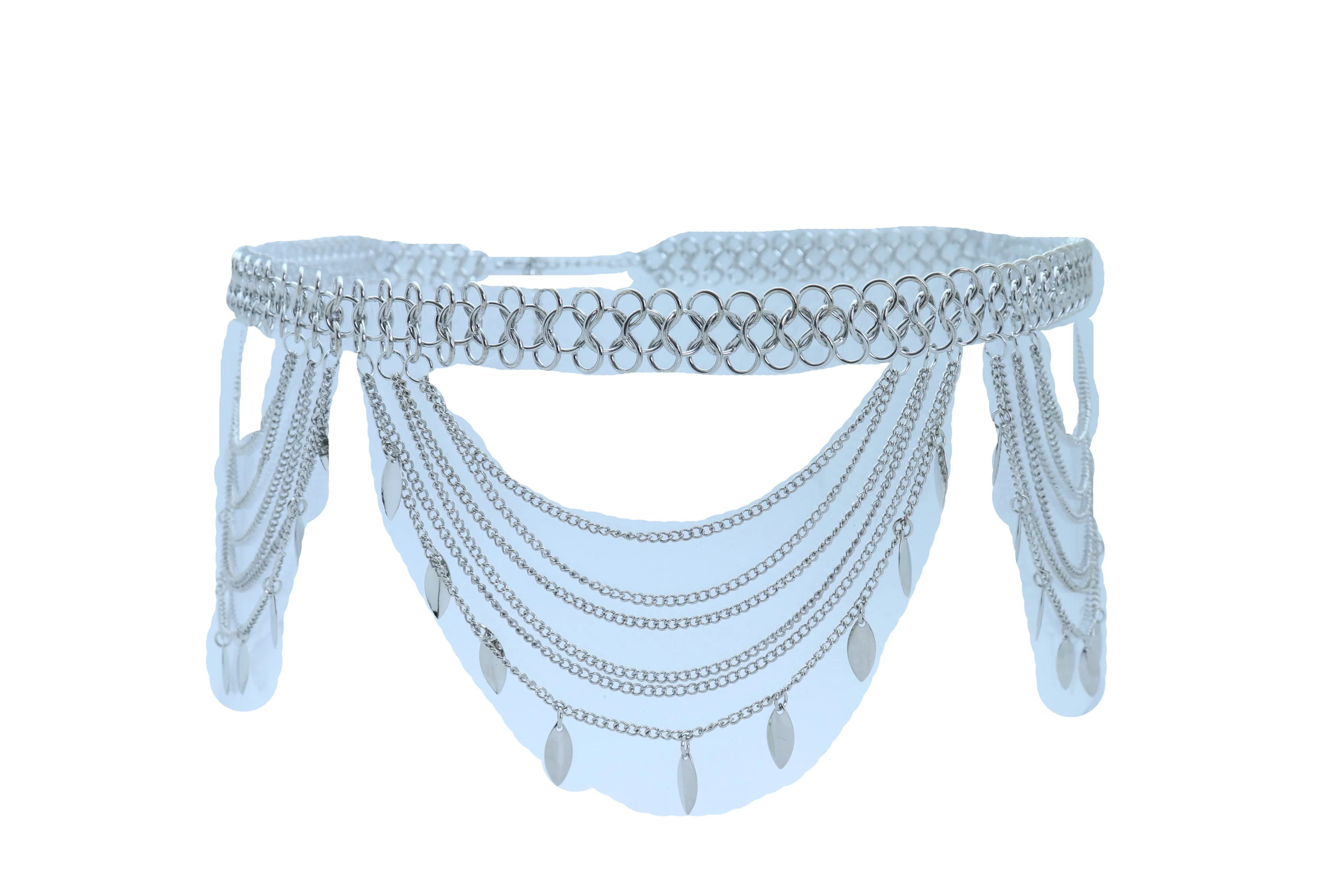 Multi Strand Side Waves Leaf Charms Metal Chain Belt