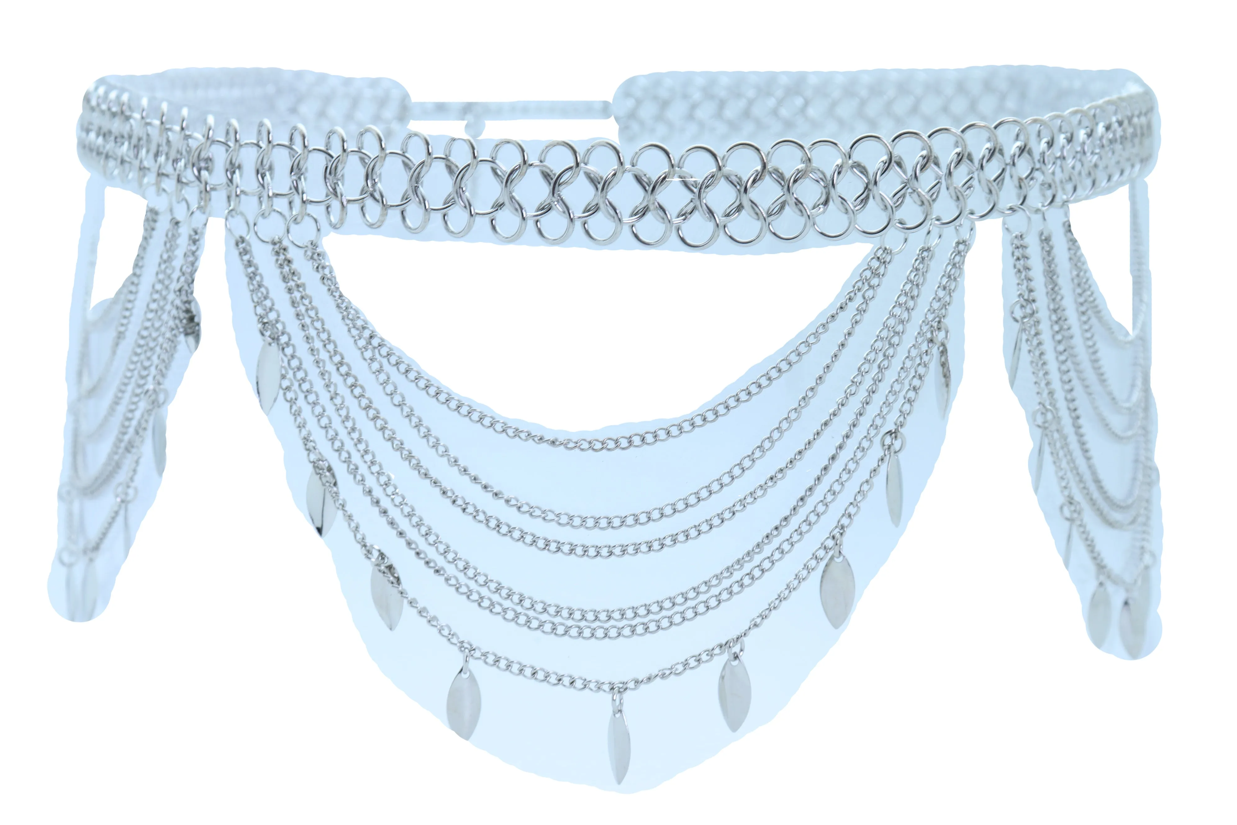 Multi Strand Side Waves Leaf Charms Metal Chain Belt