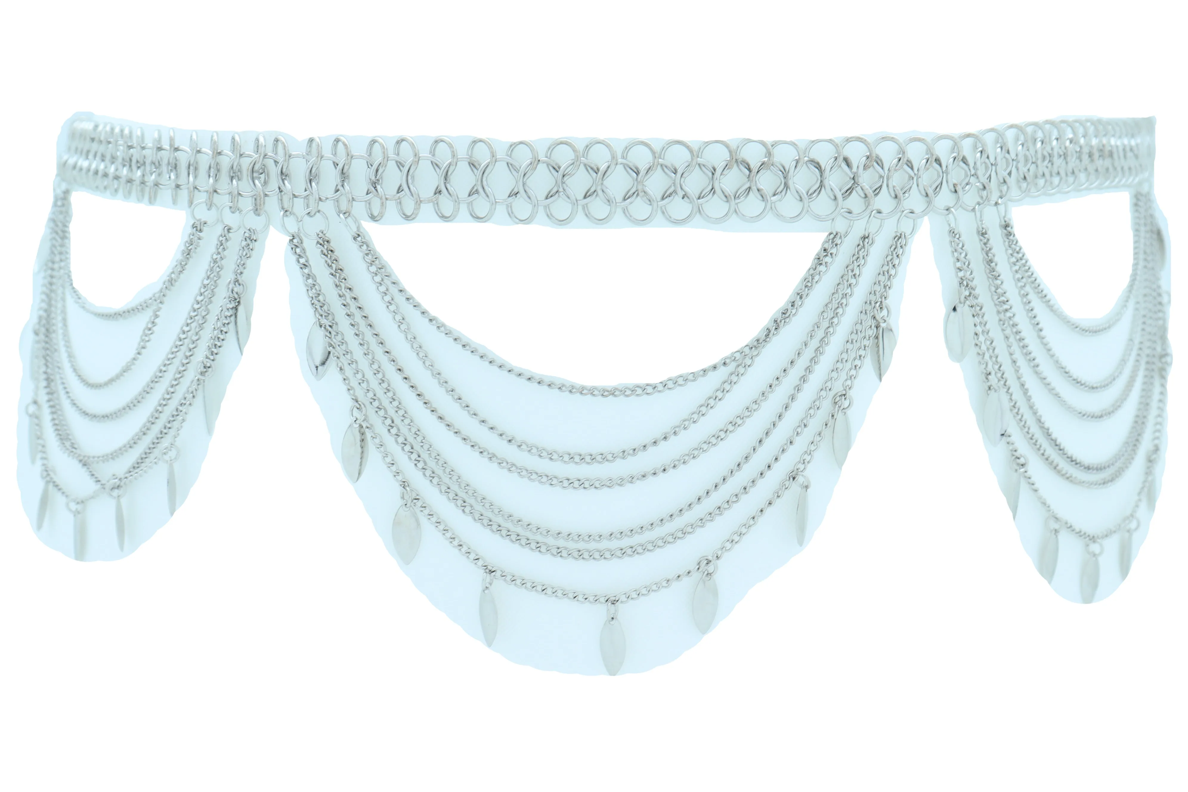 Multi Strand Side Waves Leaf Charms Metal Chain Belt