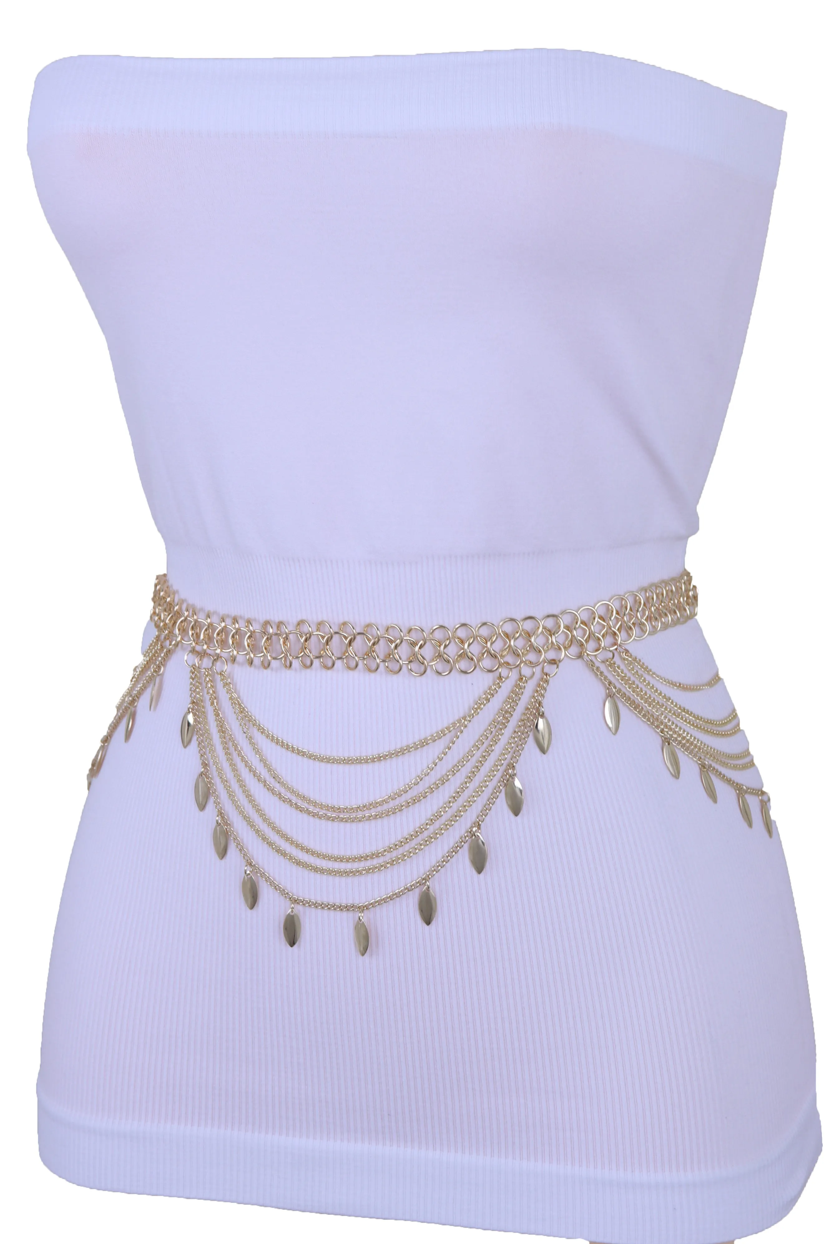 Multi Strand Side Waves Leaf Charms Metal Chain Belt