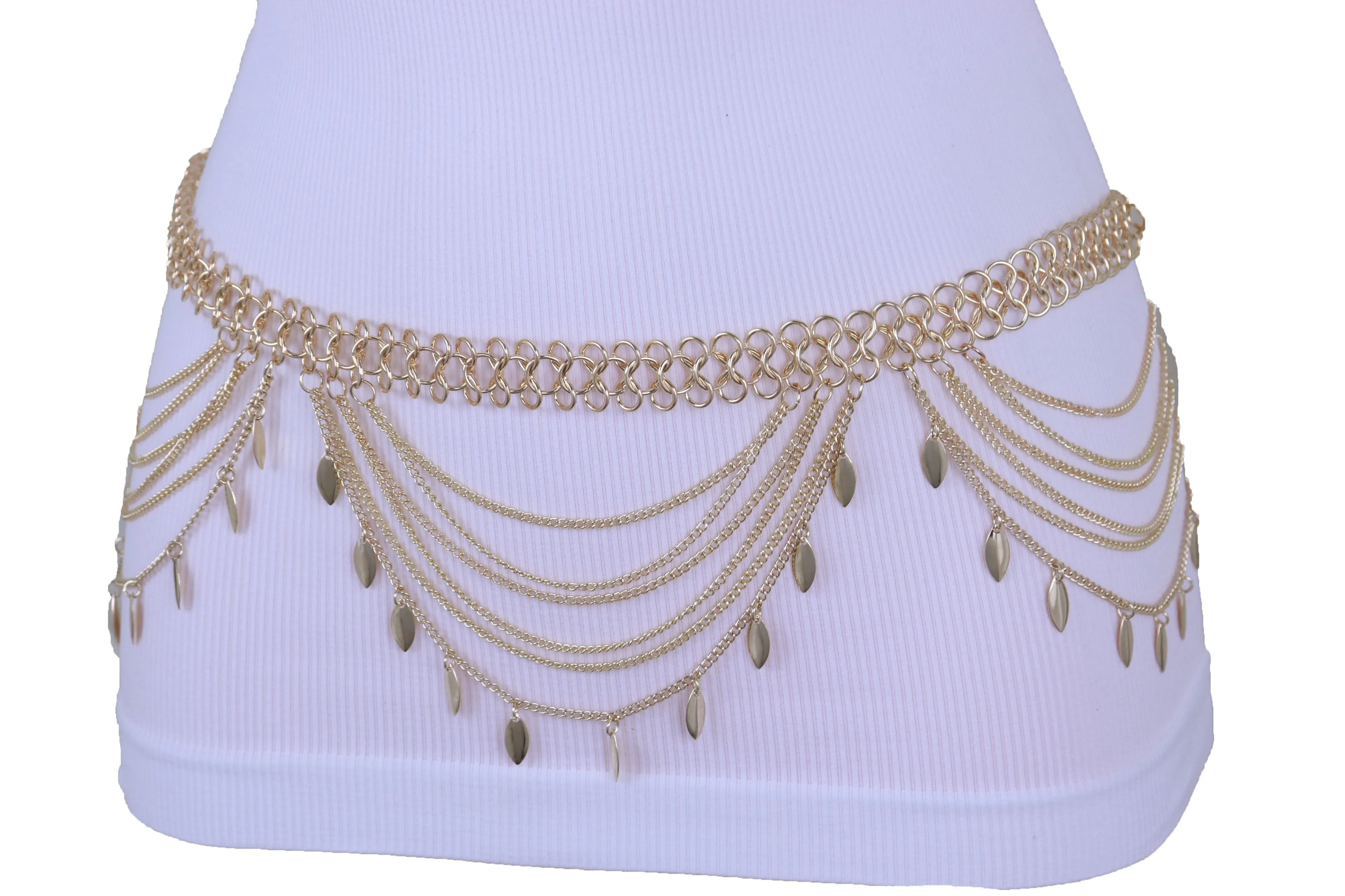 Multi Strand Side Waves Leaf Charms Metal Chain Belt