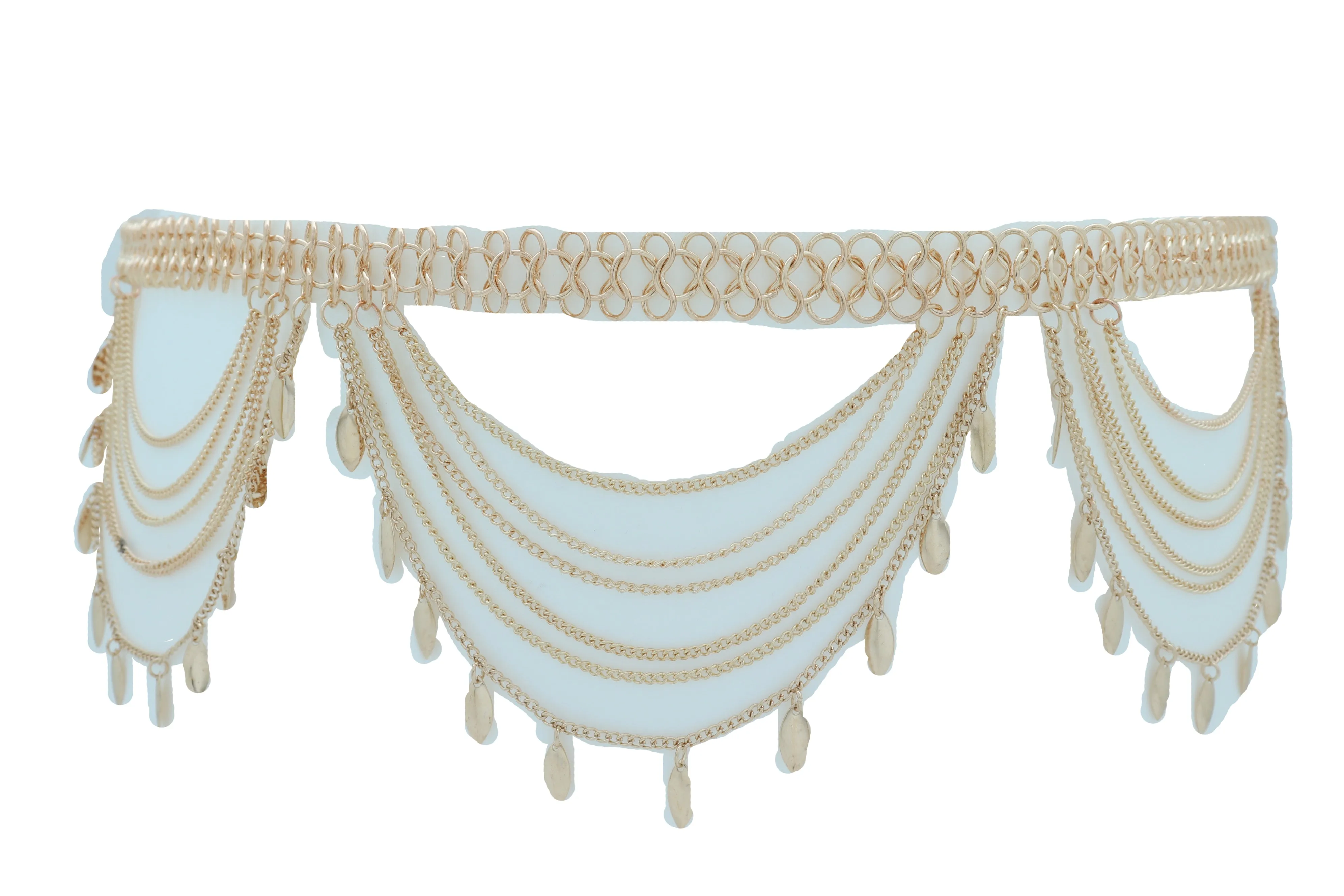 Multi Strand Side Waves Leaf Charms Metal Chain Belt