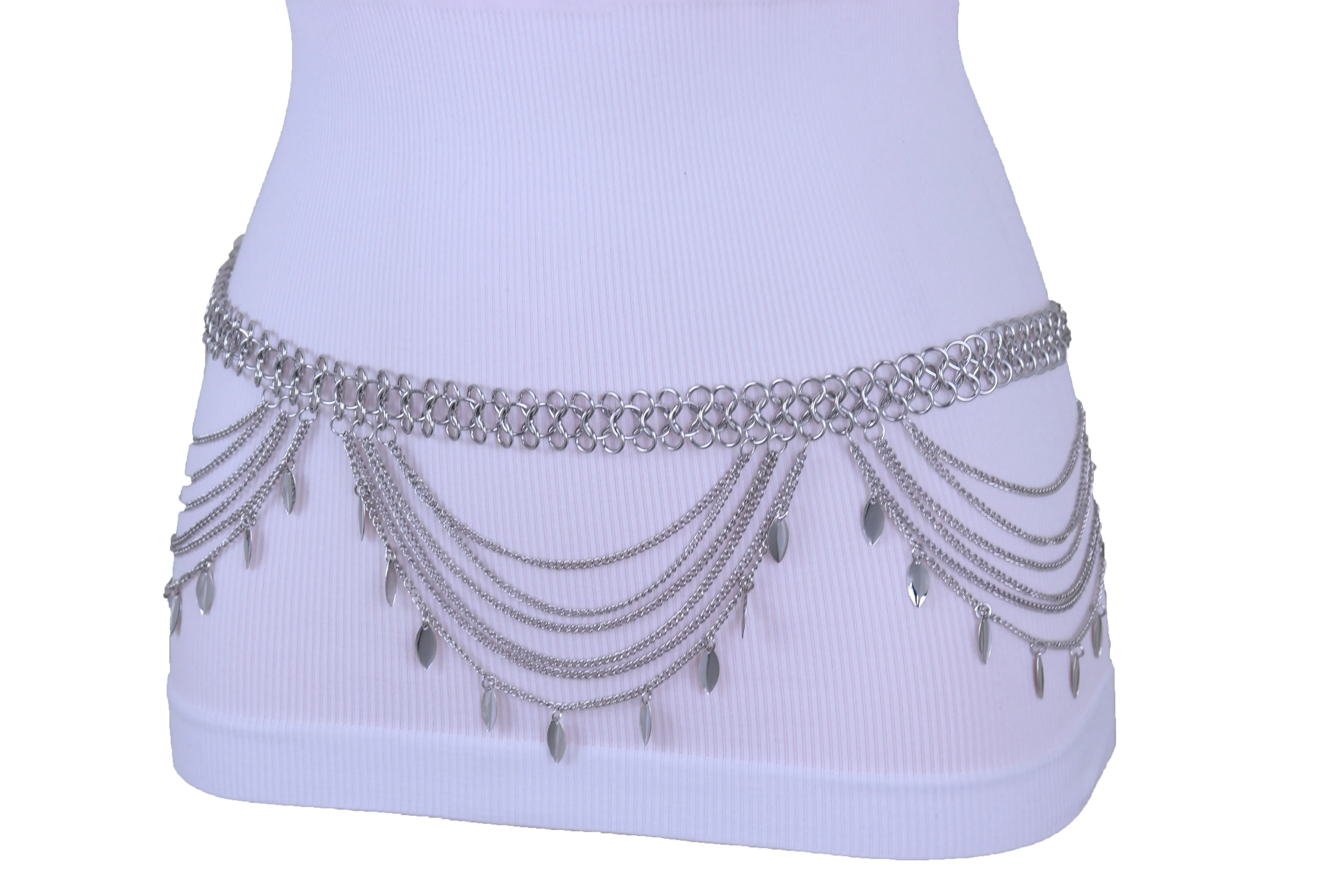 Multi Strand Side Waves Leaf Charms Metal Chain Belt