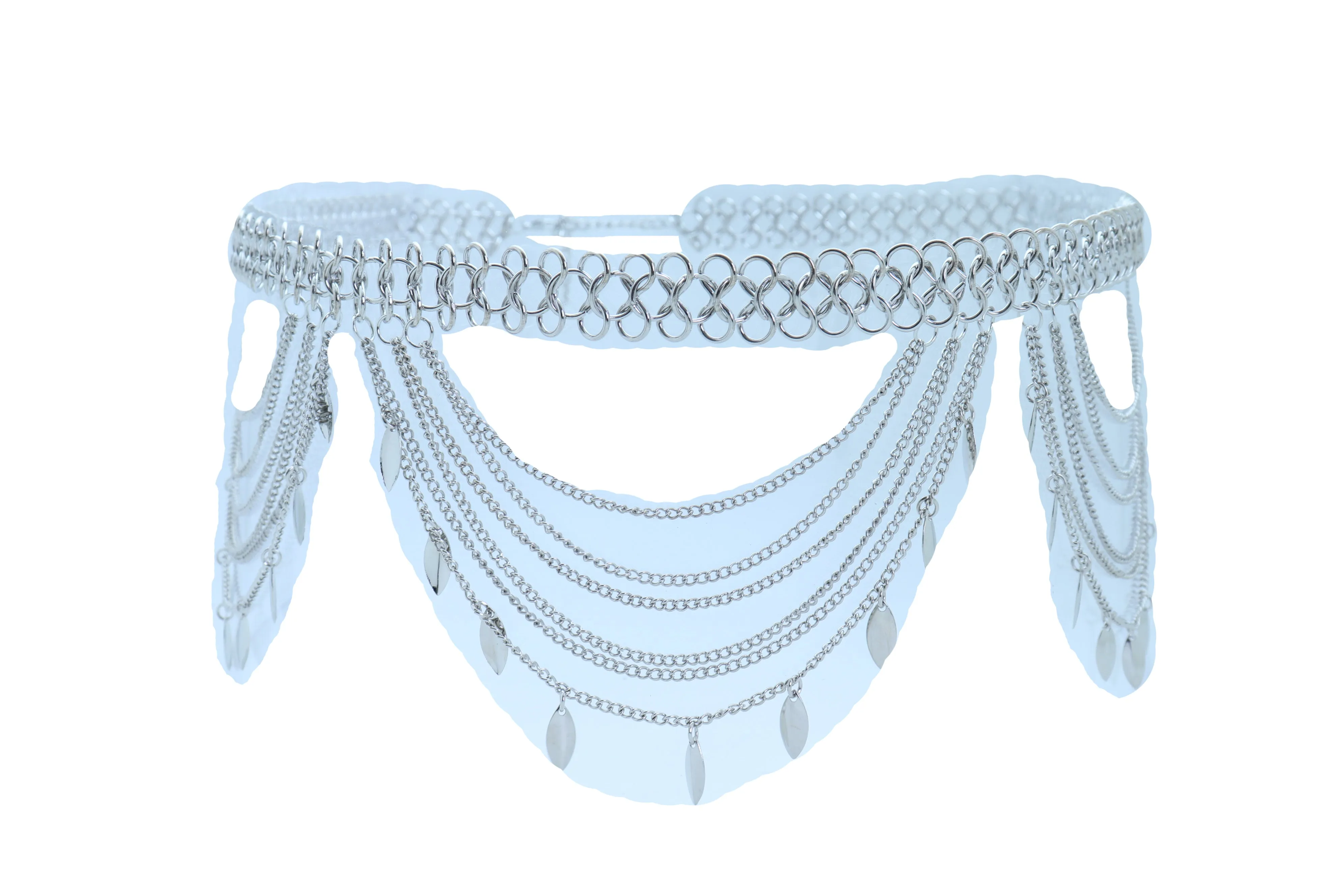 Multi Strand Side Waves Leaf Charms Metal Chain Belt
