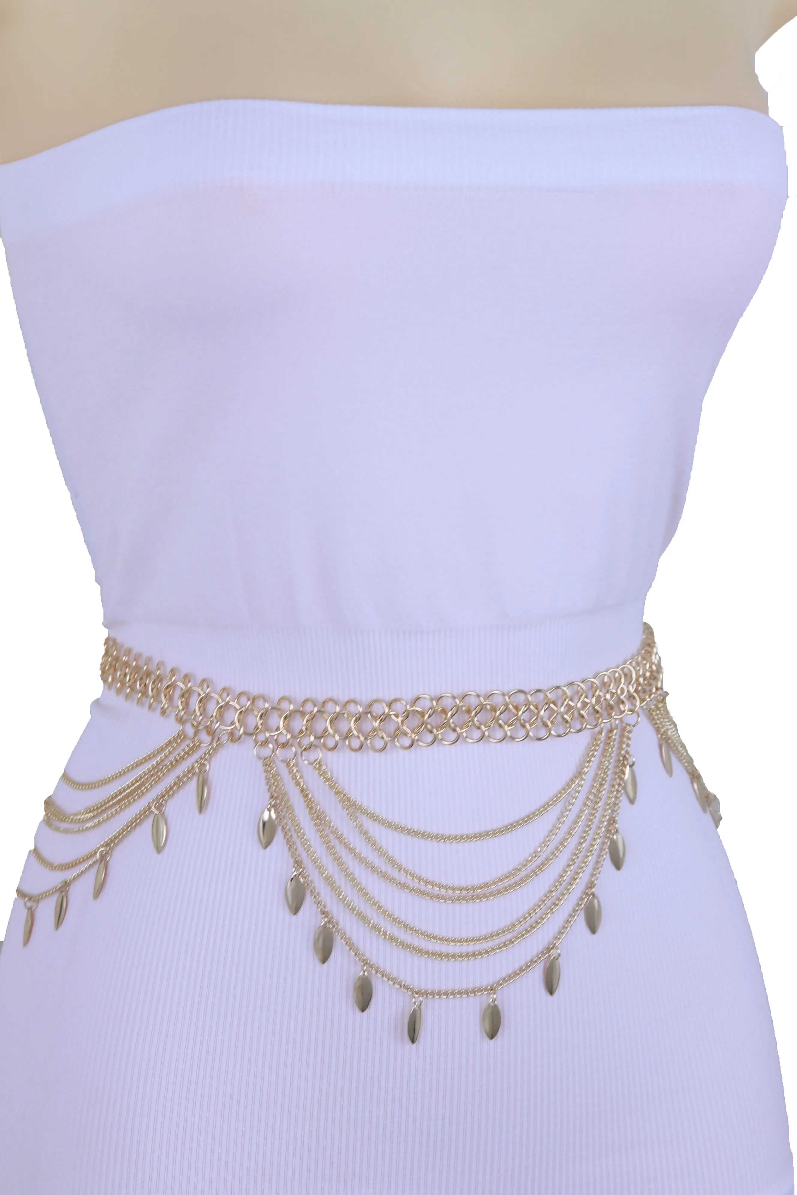 Multi Strand Side Waves Leaf Charms Metal Chain Belt