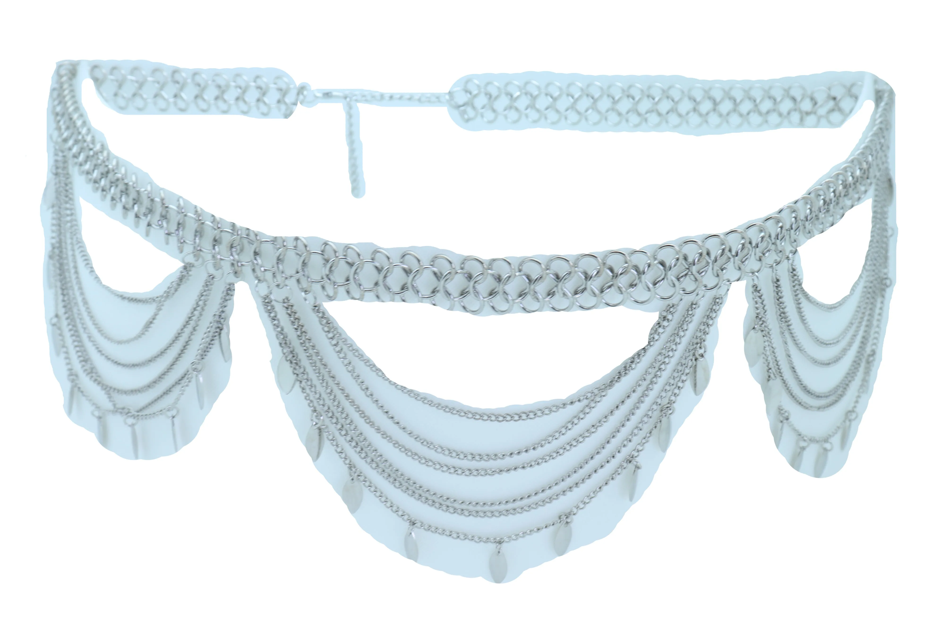 Multi Strand Side Waves Leaf Charms Metal Chain Belt