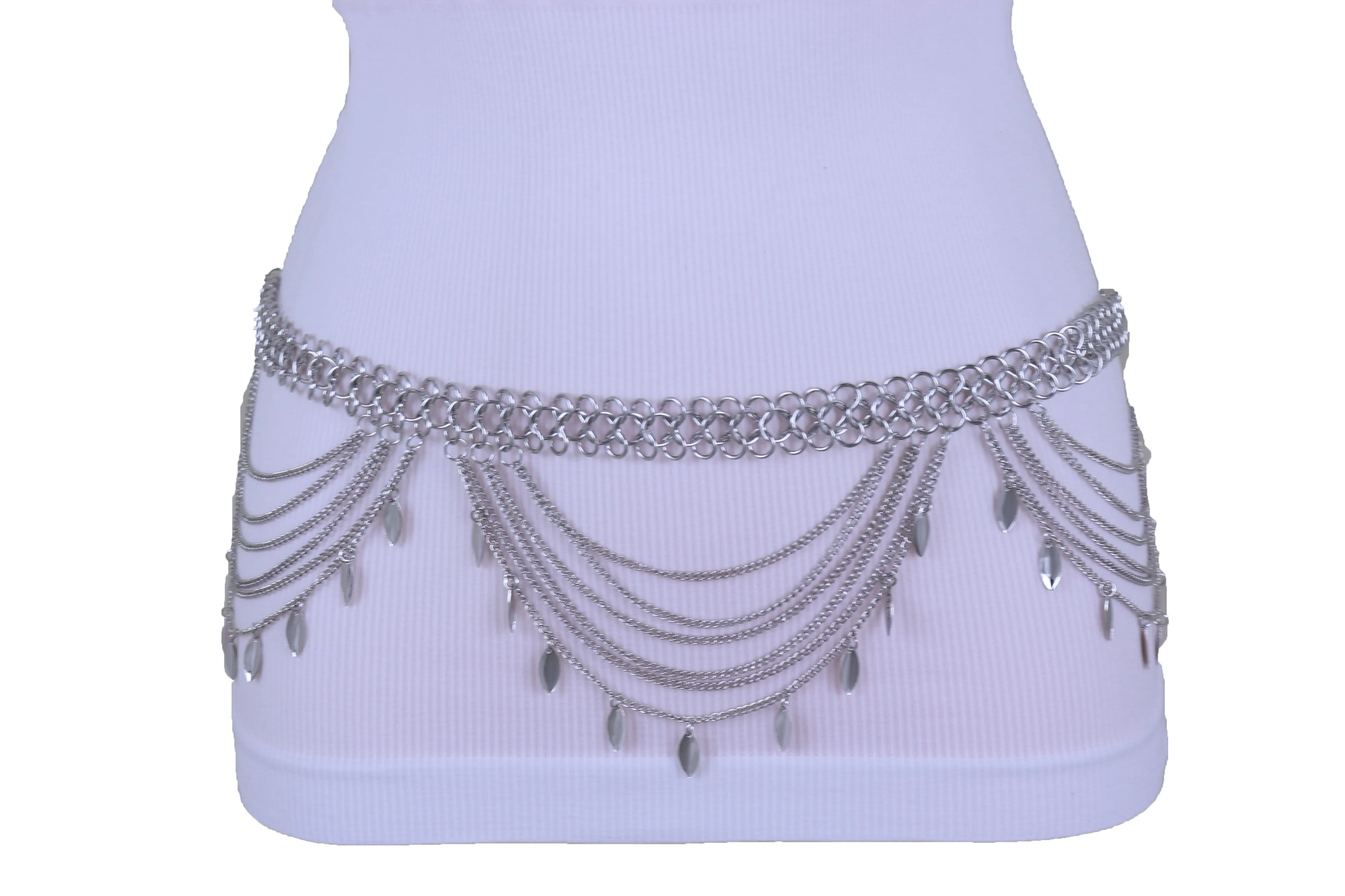 Multi Strand Side Waves Leaf Charms Metal Chain Belt
