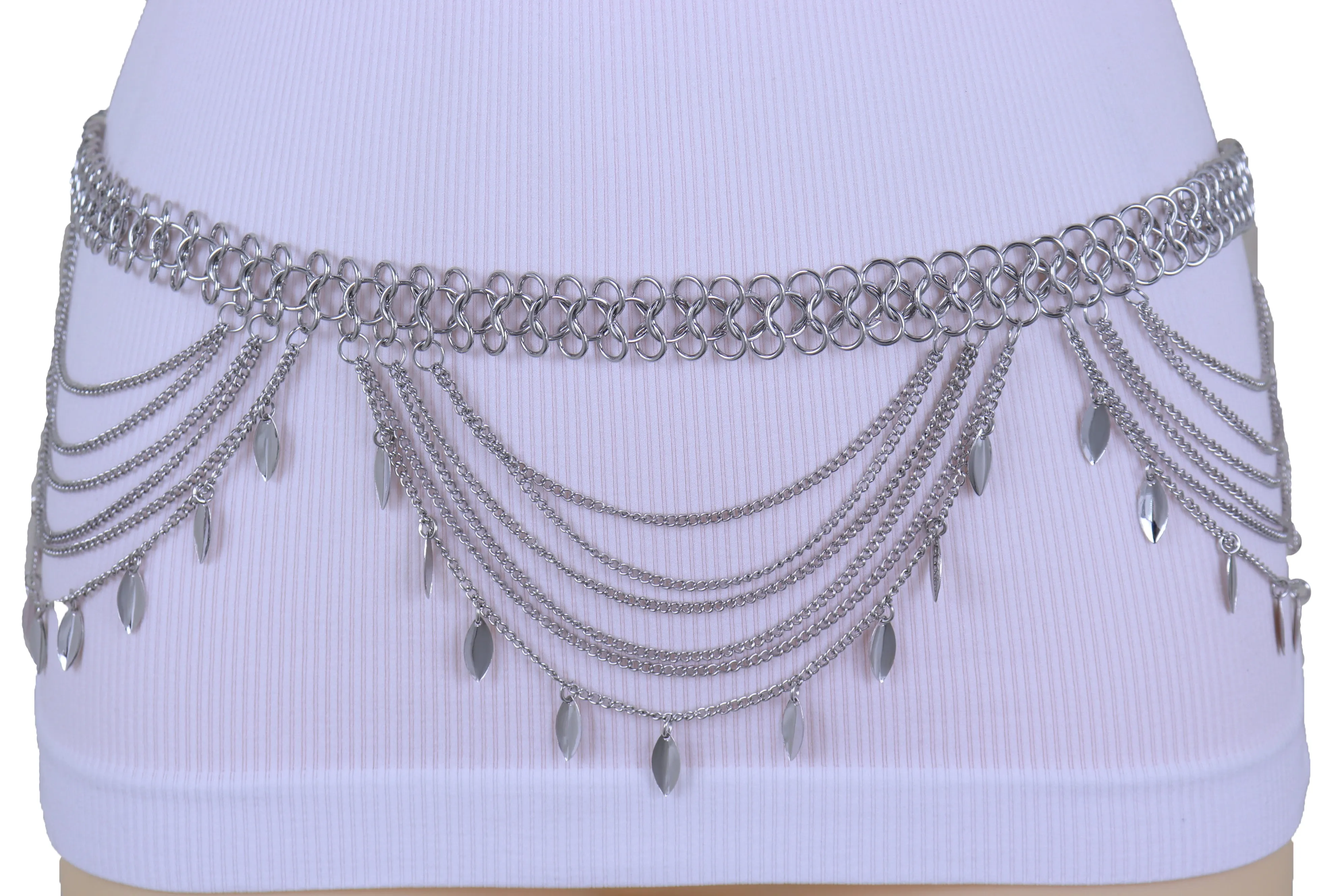 Multi Strand Side Waves Leaf Charms Metal Chain Belt