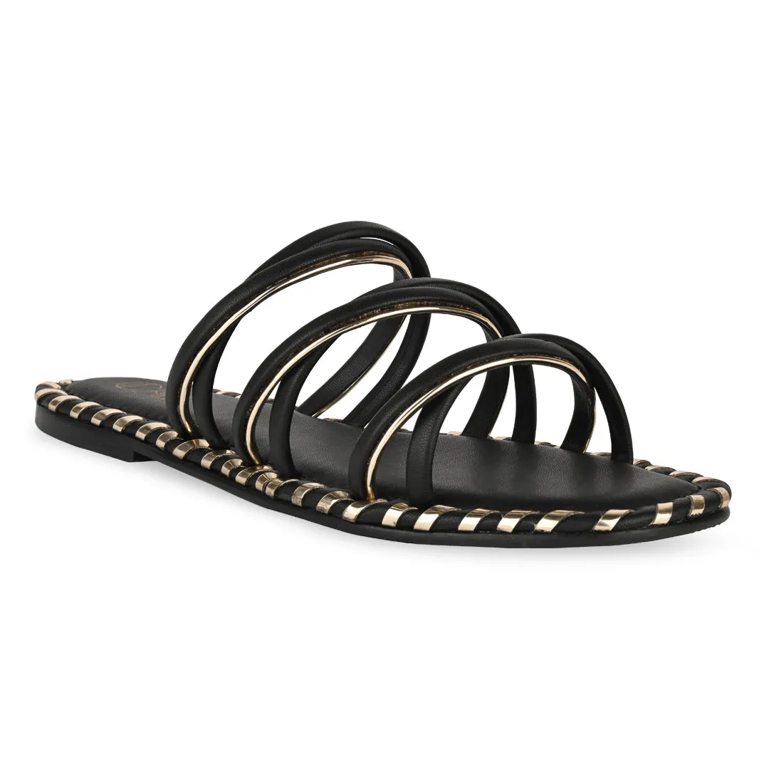 Multistrapped Black and Gold Flats